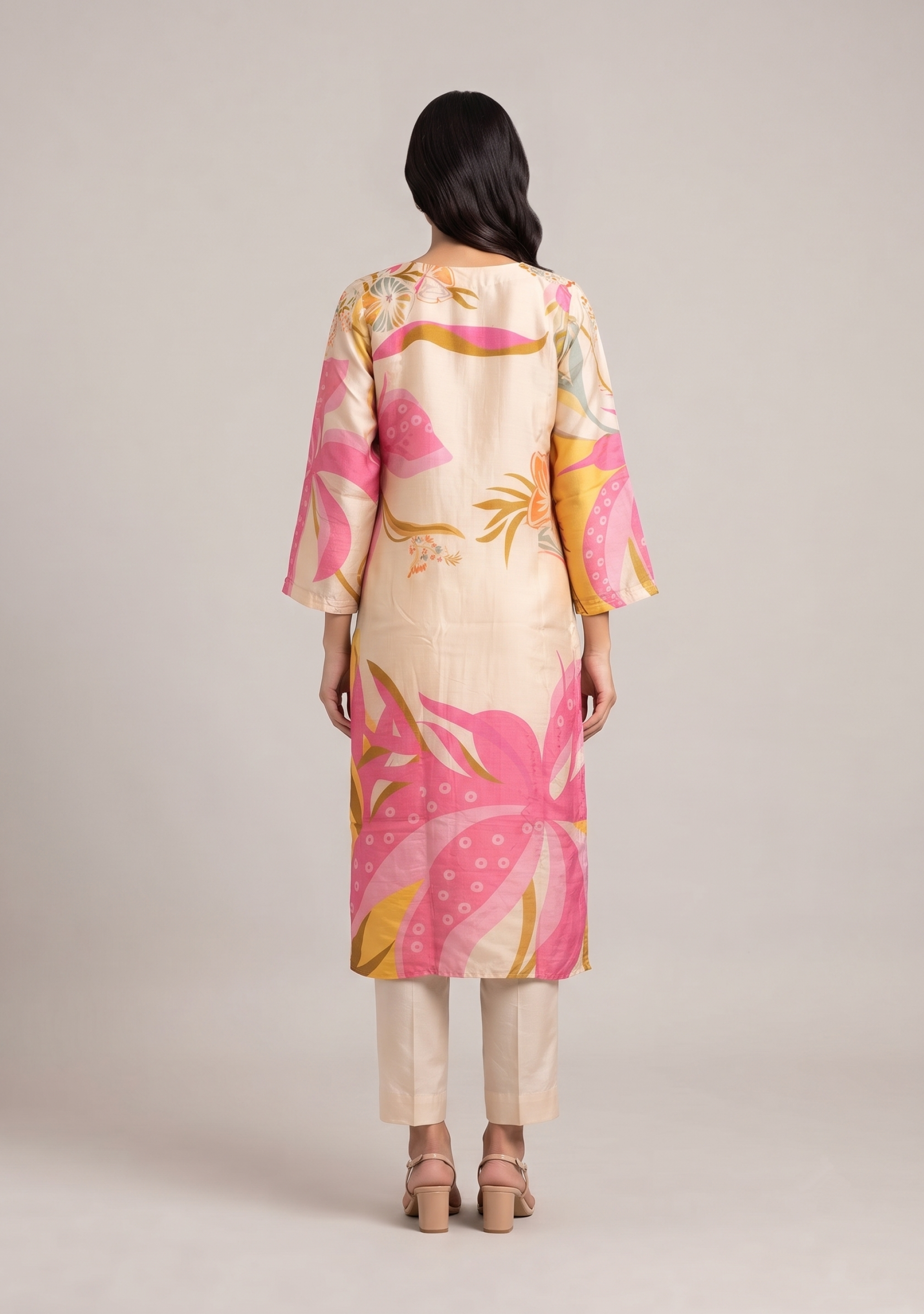 Beige Pink Floral Print Handcrafted Silk 3pc suit set