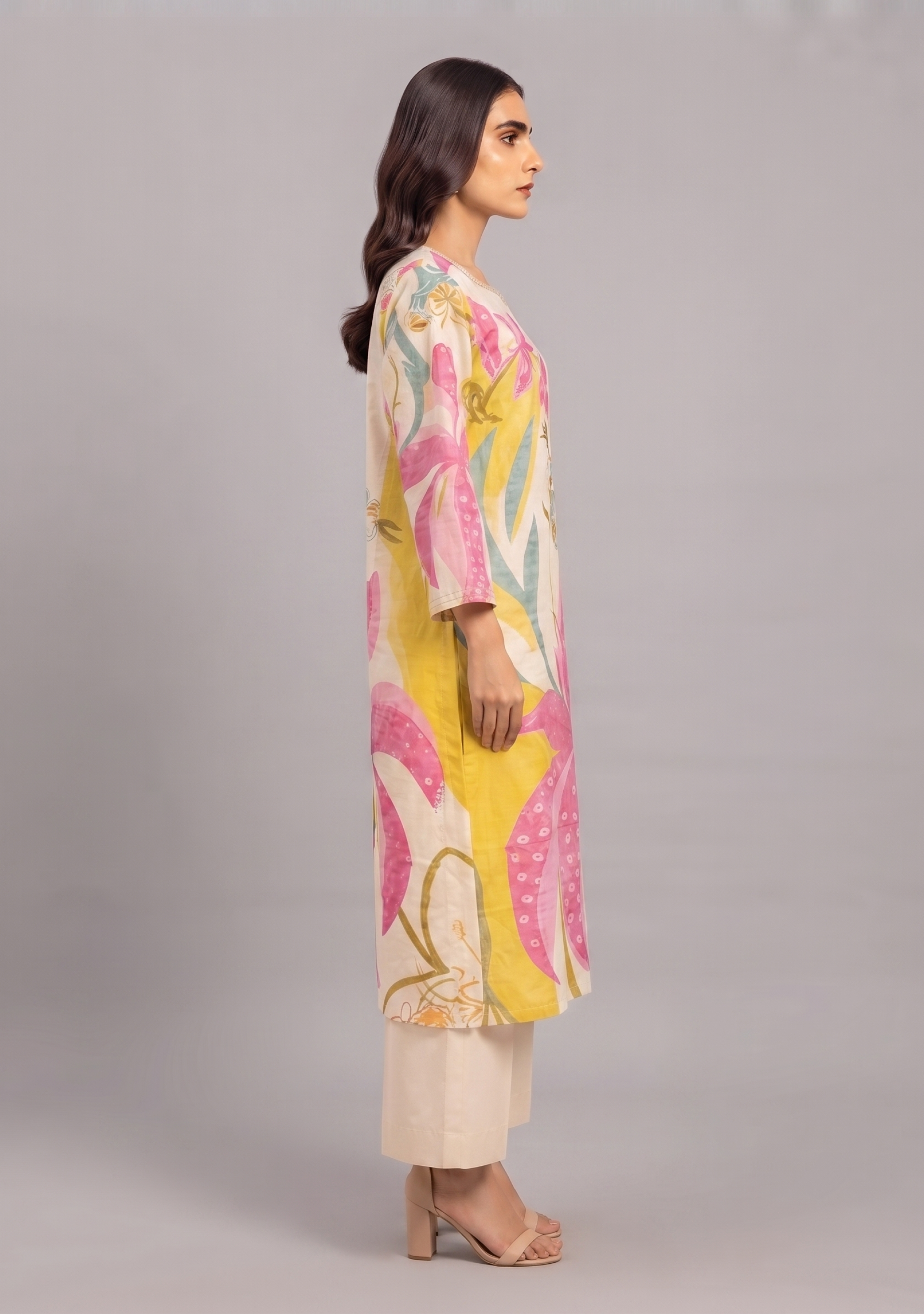 Beige Pink Floral Print Handcrafted Silk 3pc suit set
