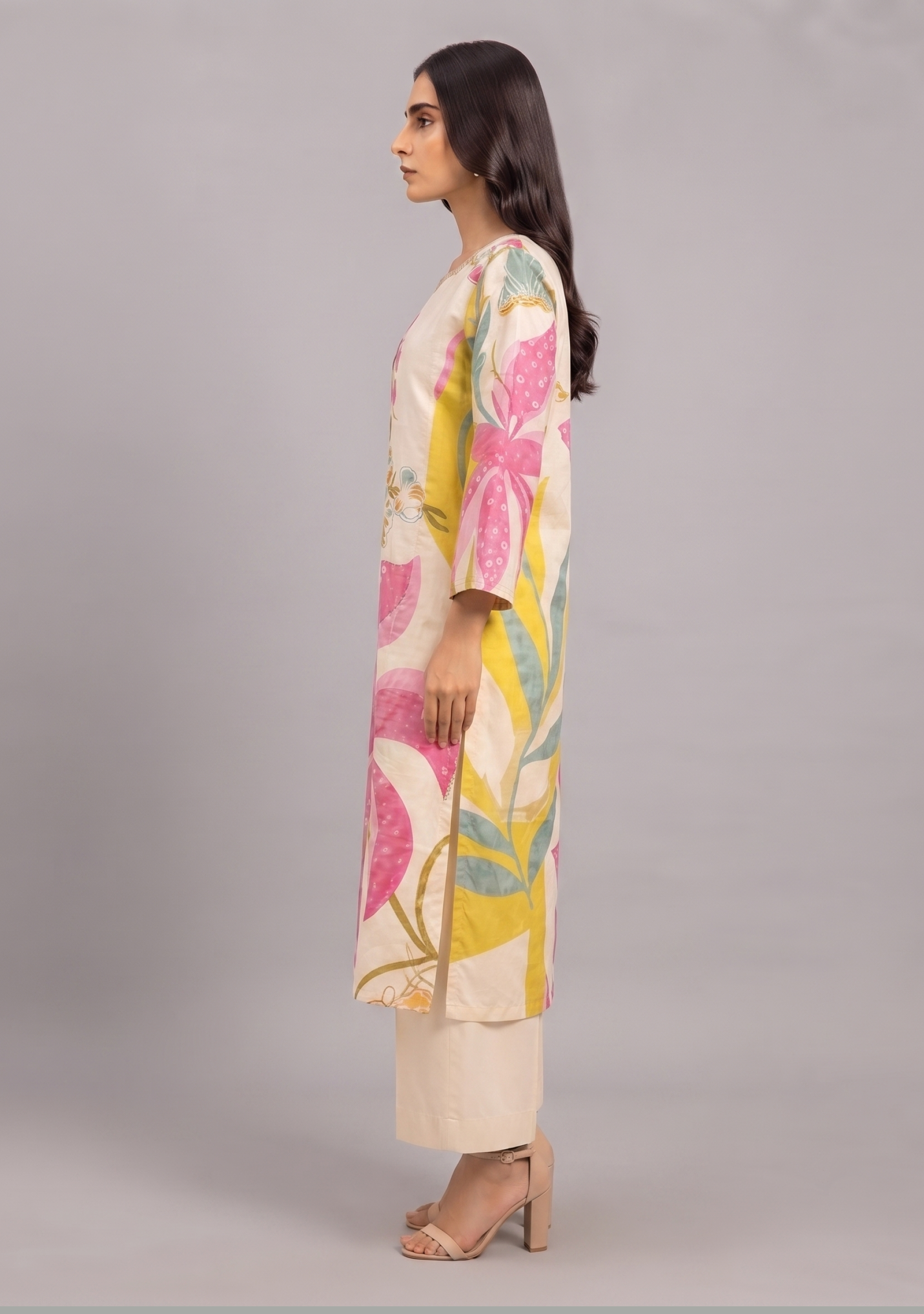 Beige Pink Floral Print Handcrafted Silk 3pc suit set