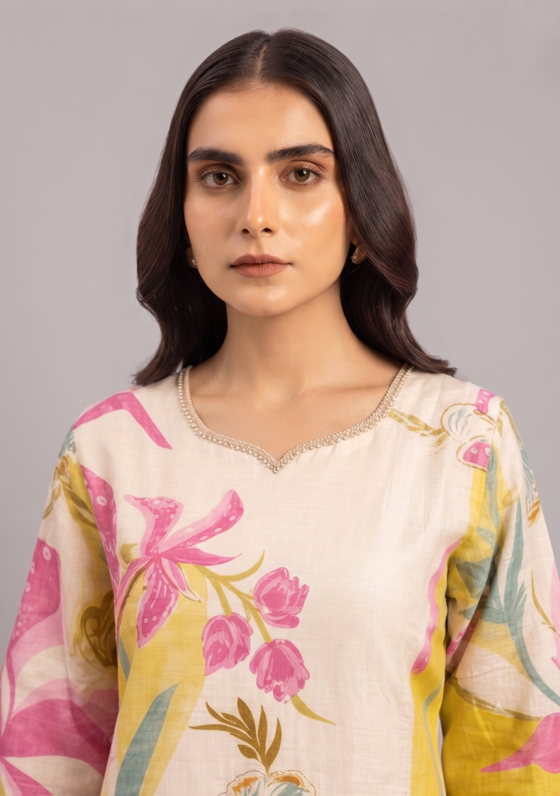 Beige Pink Floral Print Handcrafted Silk 3pc suit set