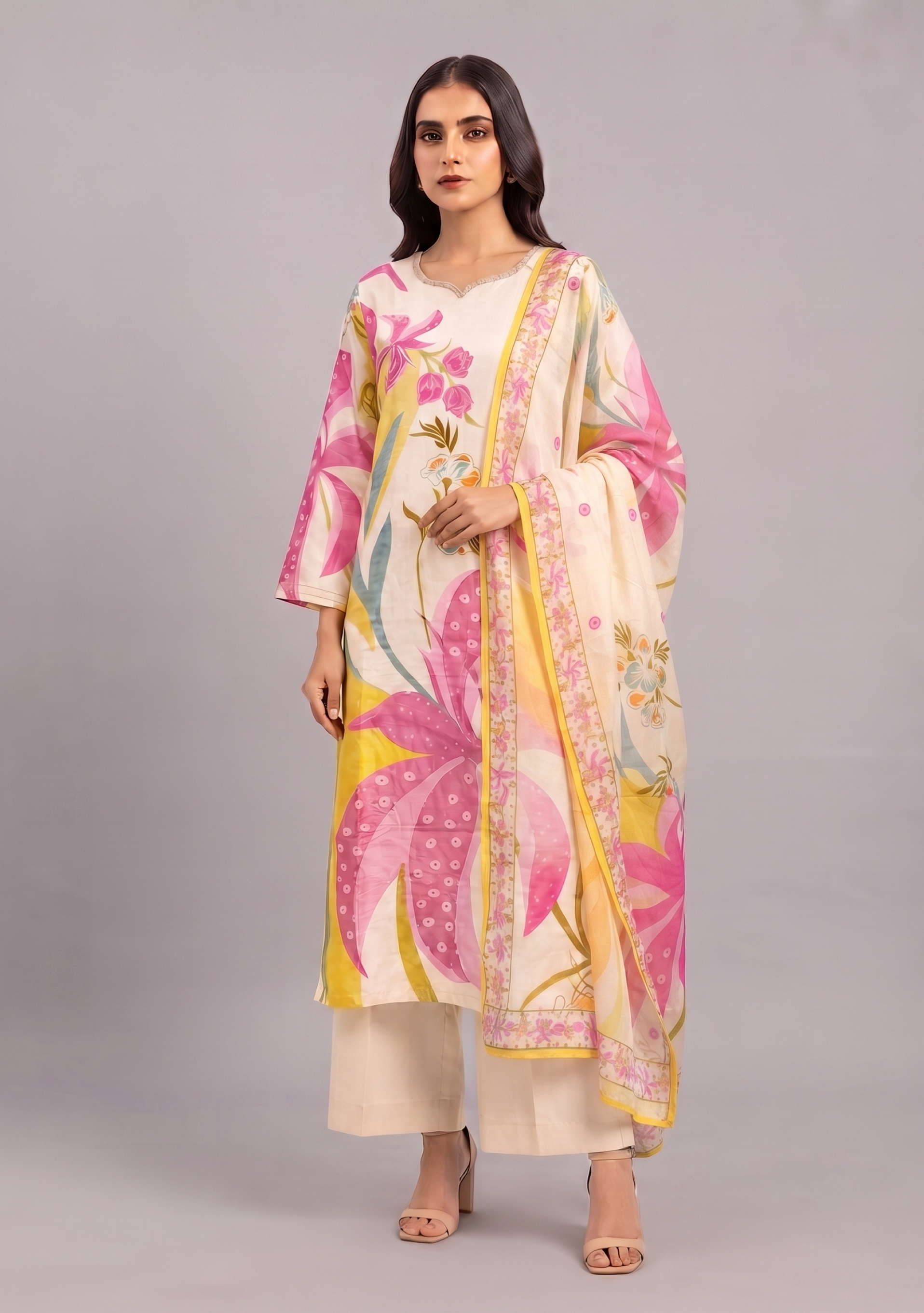 Beige Pink Floral Print Handcrafted Silk 3pc suit set