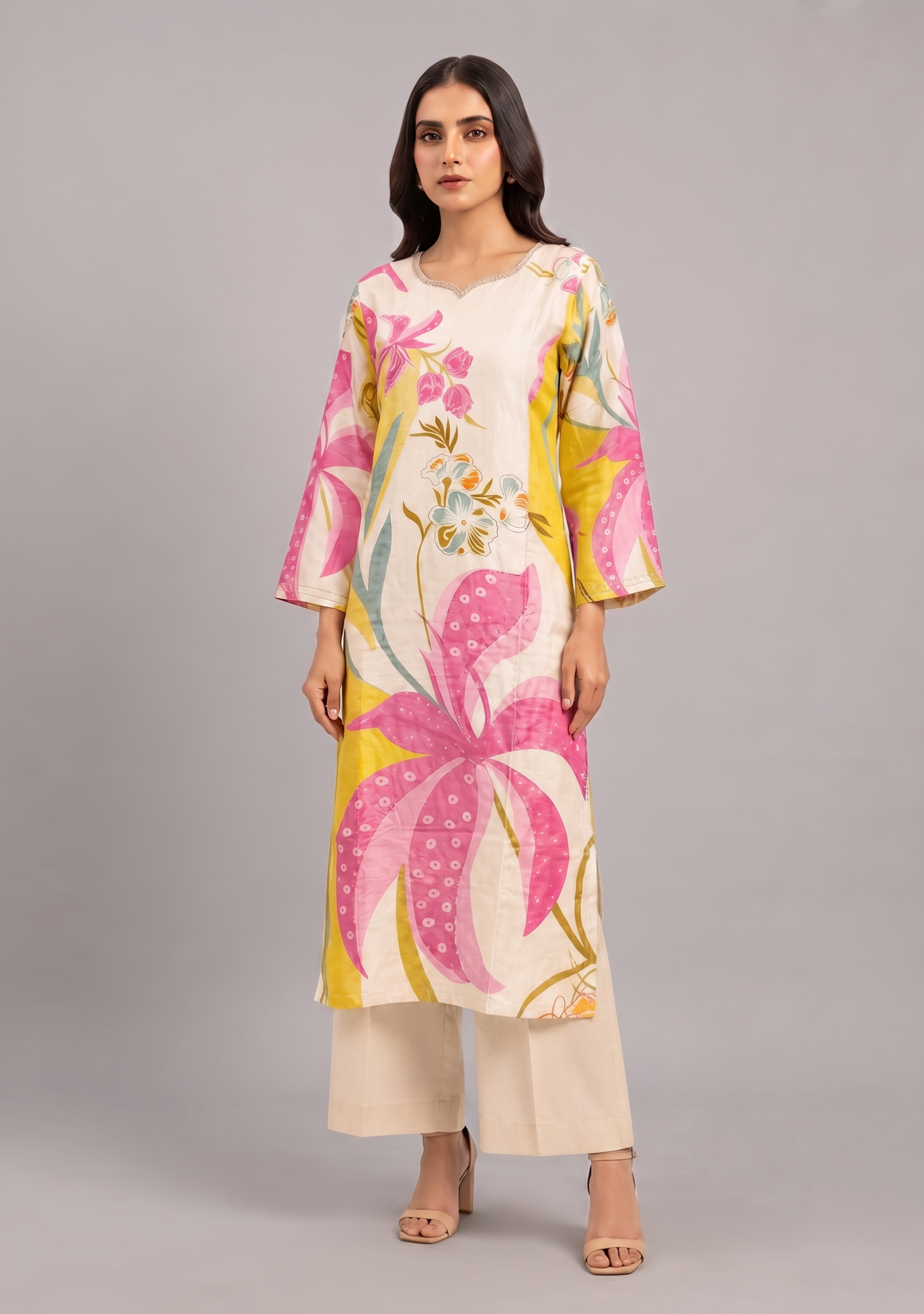 Beige Pink Floral Print Handcrafted Silk 3pc suit set