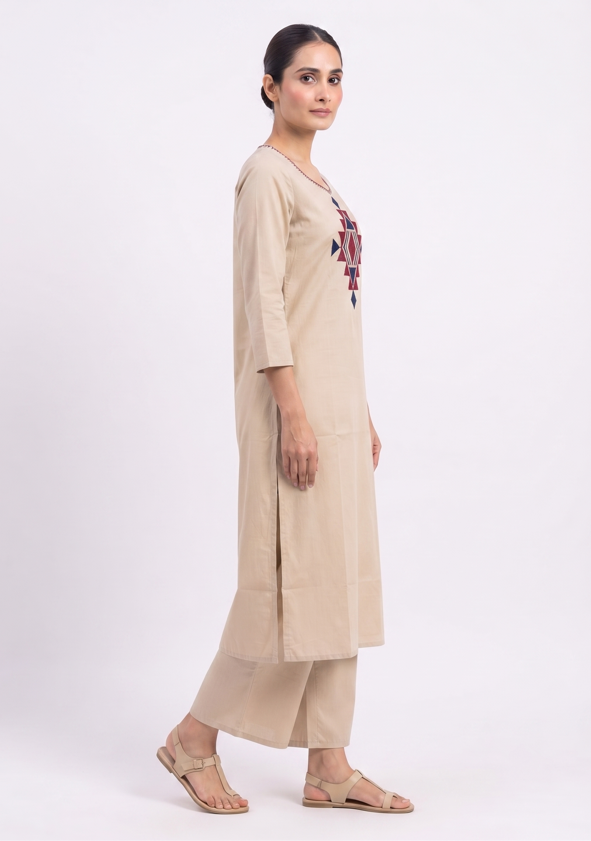 Beige Applique work Cotton Suit Set