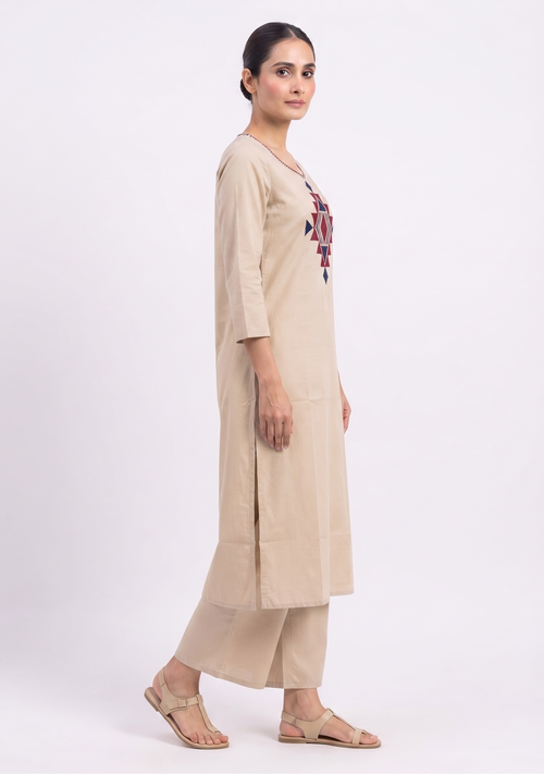 Beige Applique work Cotton Suit Set