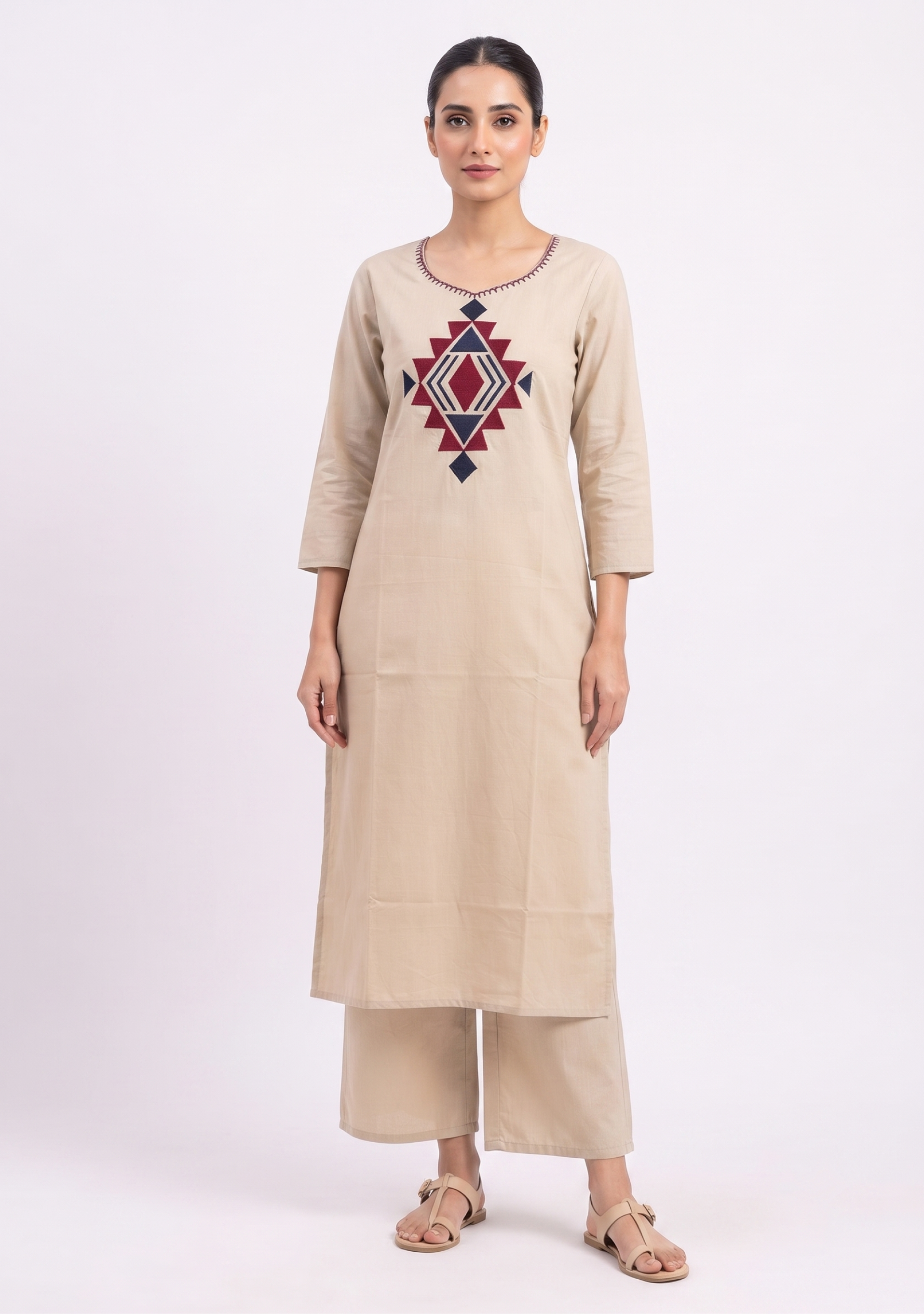 Beige Applique work Cotton Suit Set