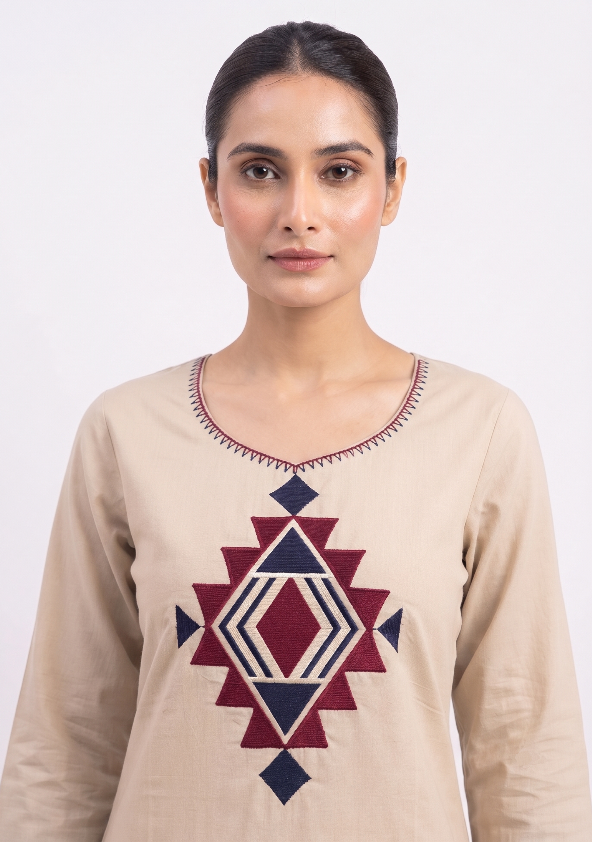 Beige Applique work Cotton Suit Set