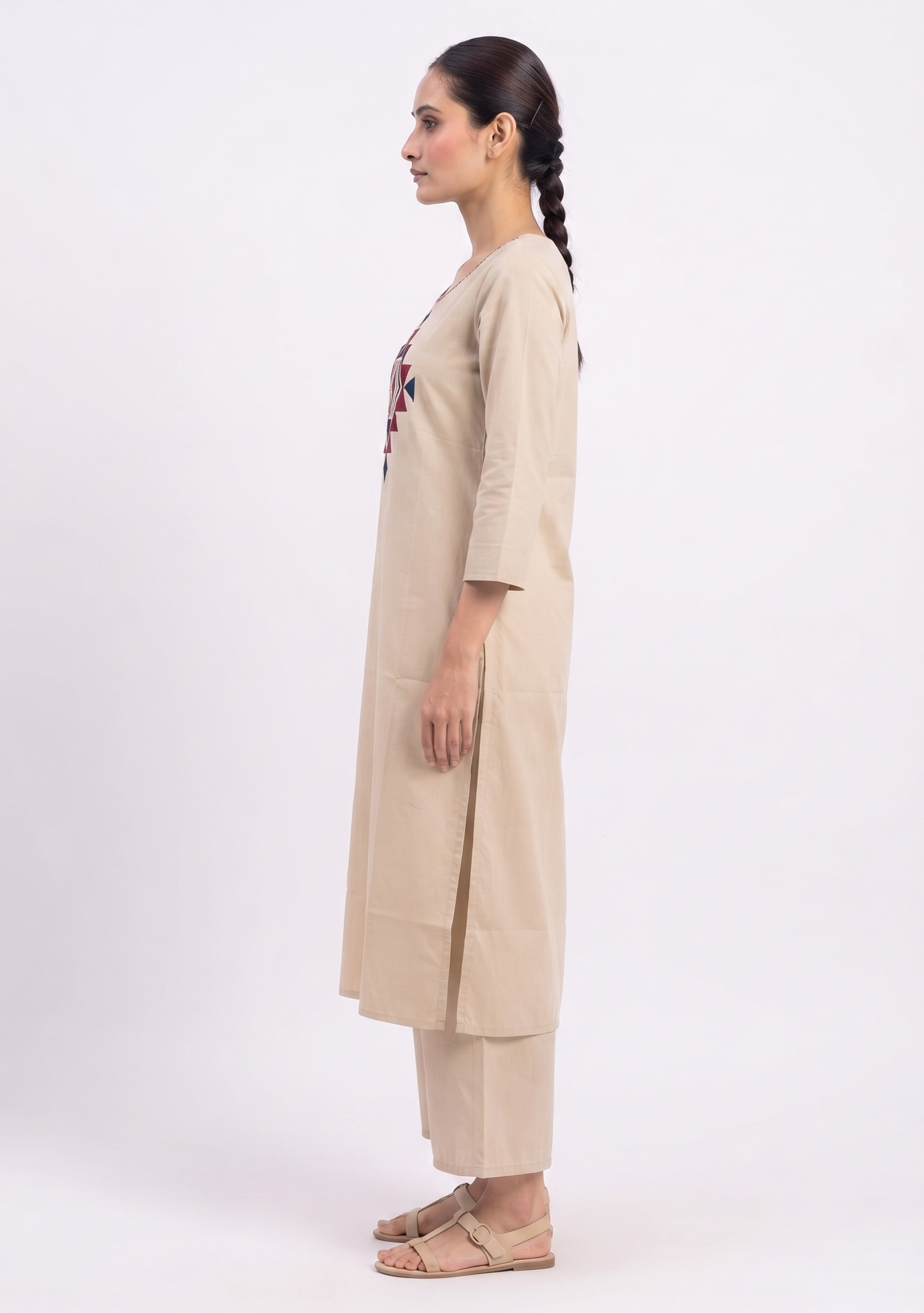 Beige Applique work Cotton Suit Set