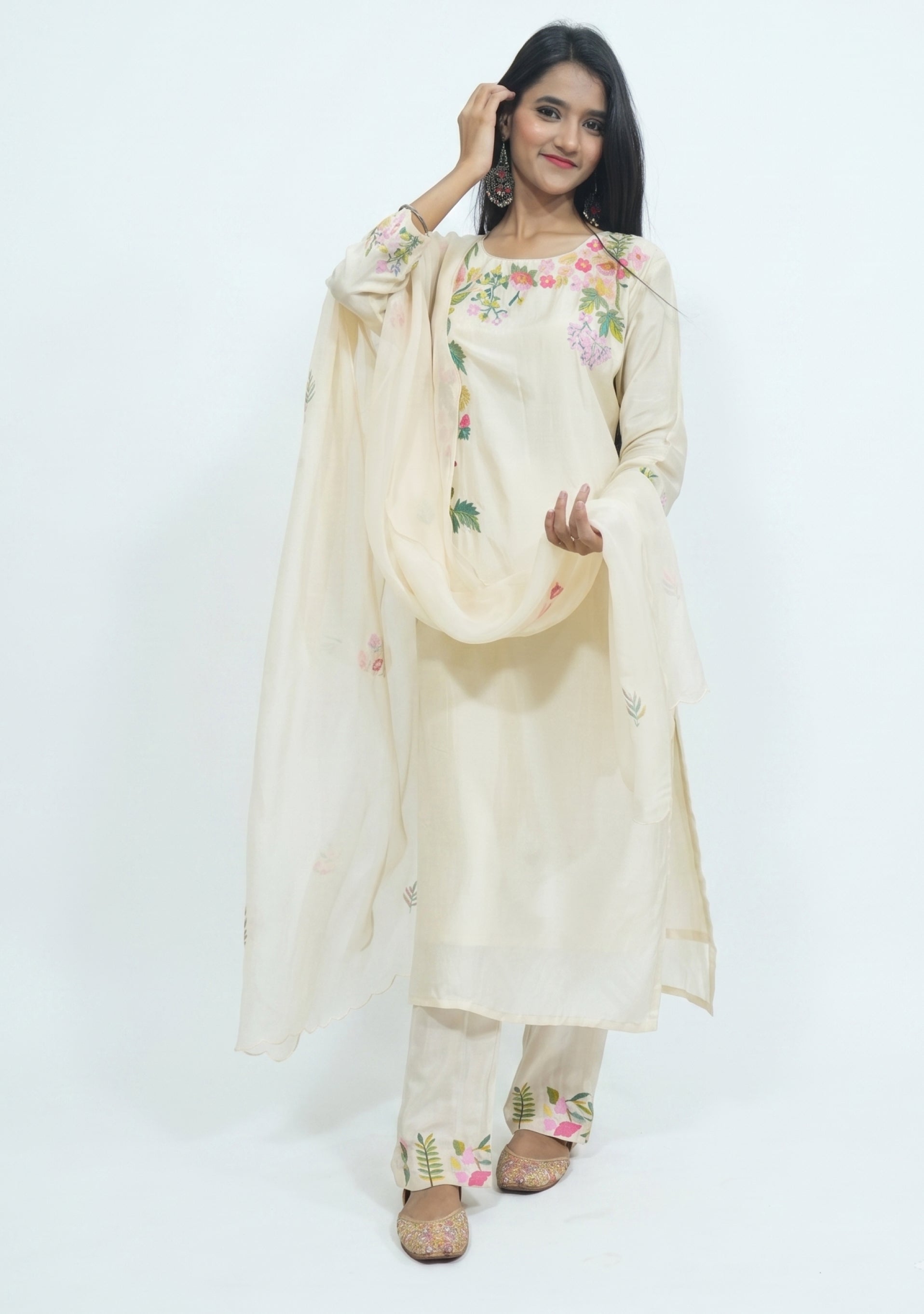 Beige Silk Handcrafted 3pc Suit Set