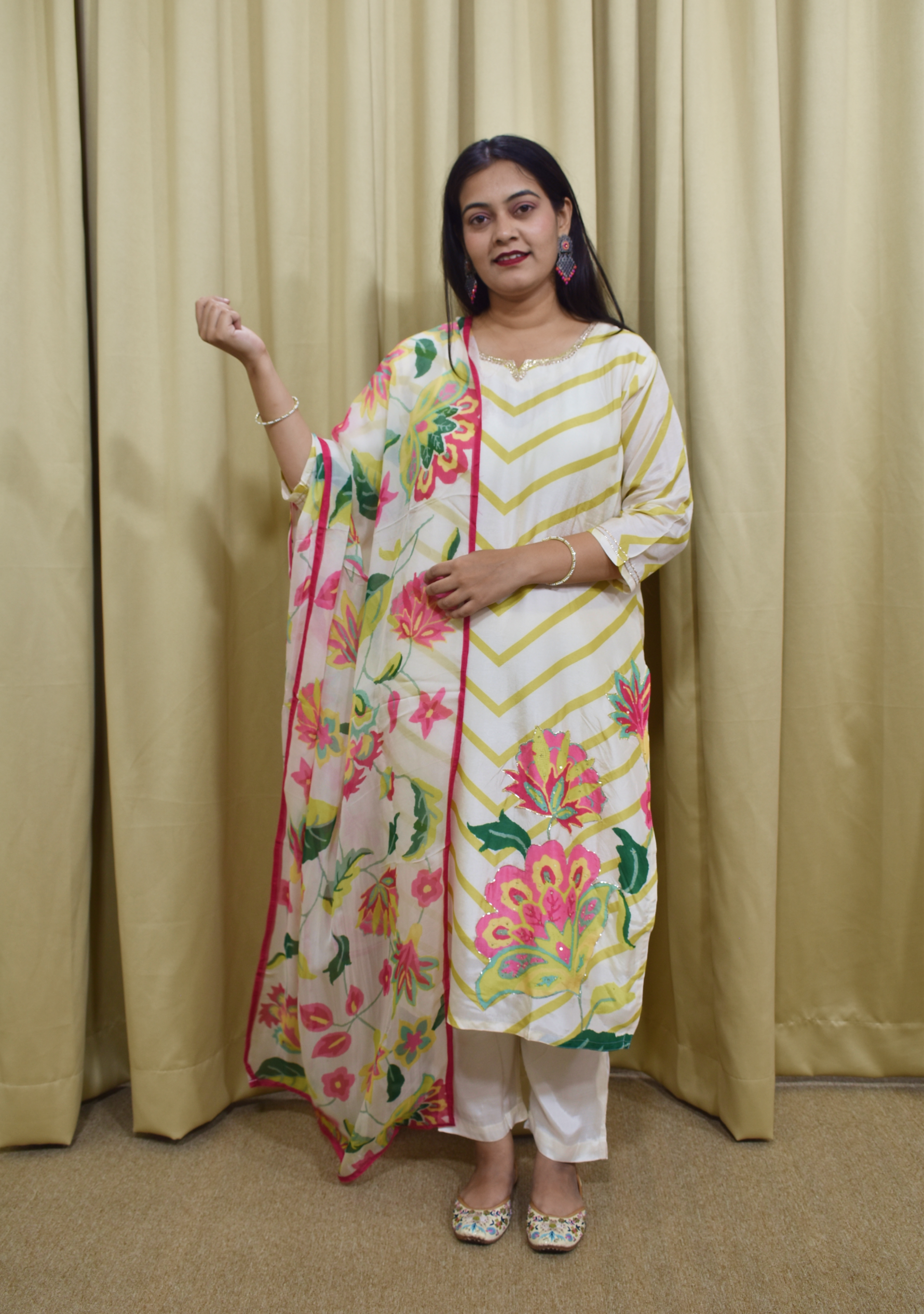 Beige Mehendi Floral Print Silk 3pc suit set