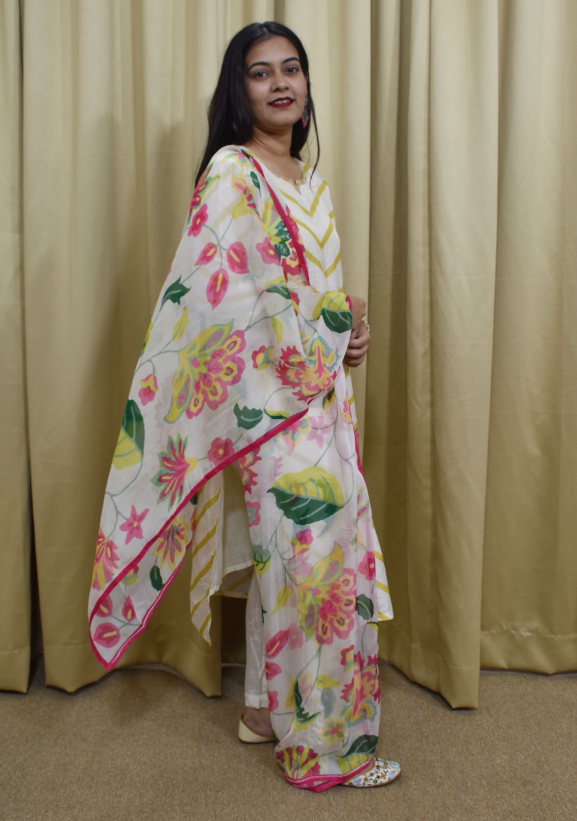 Beige Mehendi Floral Print Silk 3pc suit set