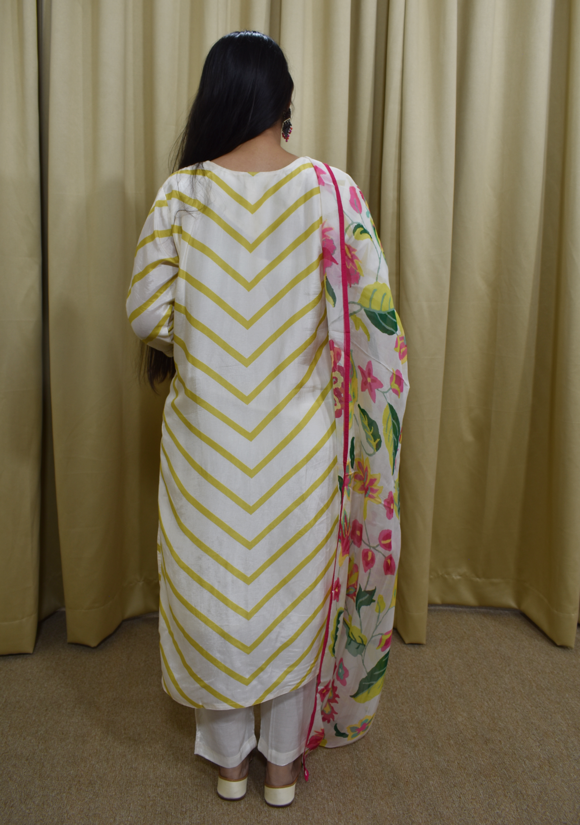 Beige Mehendi Floral Print Silk 3pc suit set