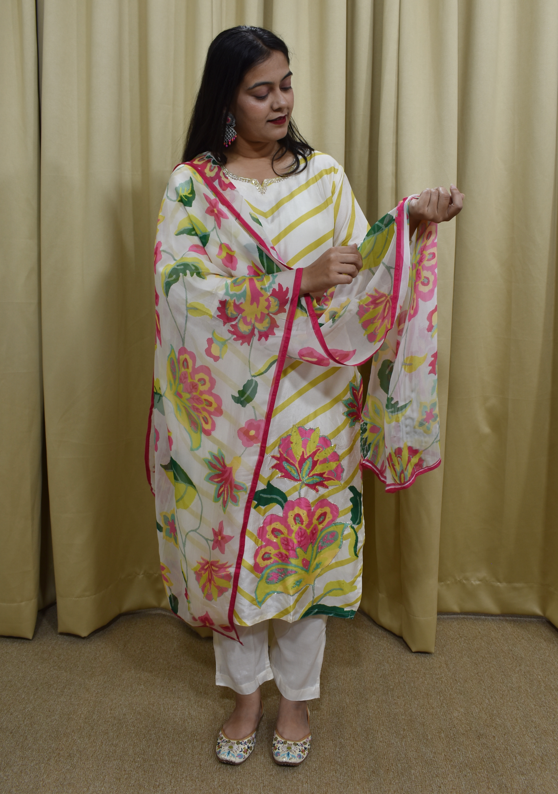 Beige Mehendi Floral Print Silk 3pc suit set