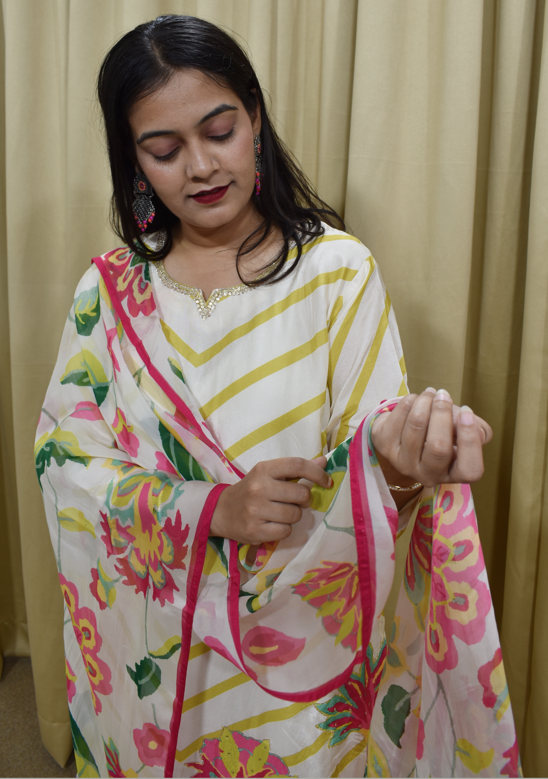 Beige Mehendi Floral Print Silk 3pc suit set