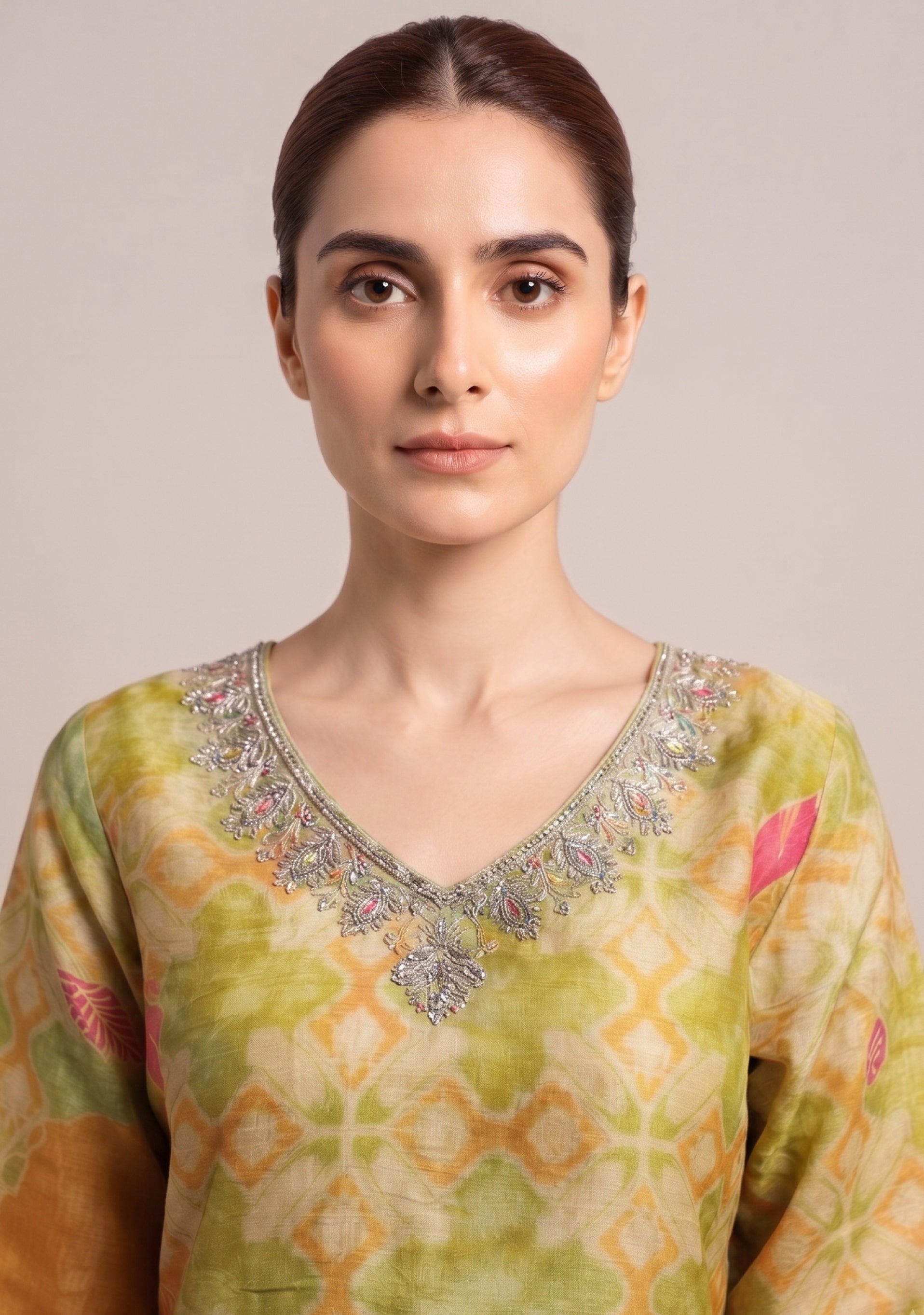 Beige Mehendi Floral Print Silk 3pc suit set