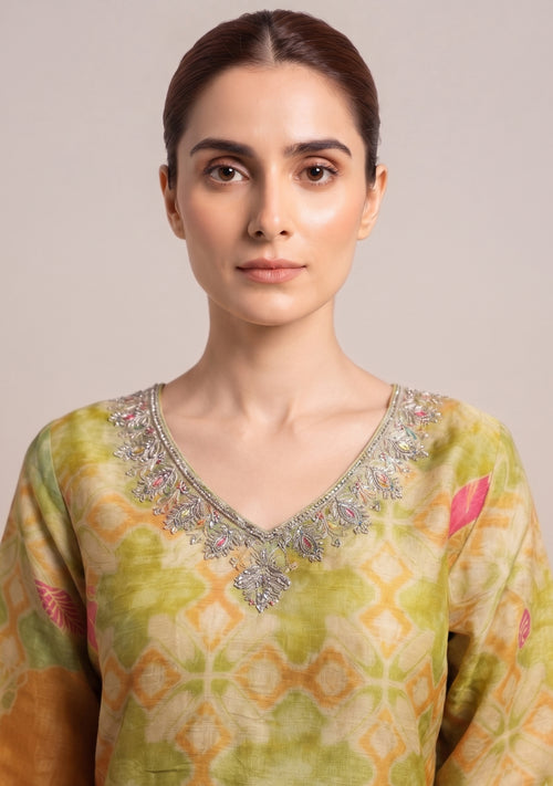 Beige Mehendi Floral Print Silk 3pc suit set