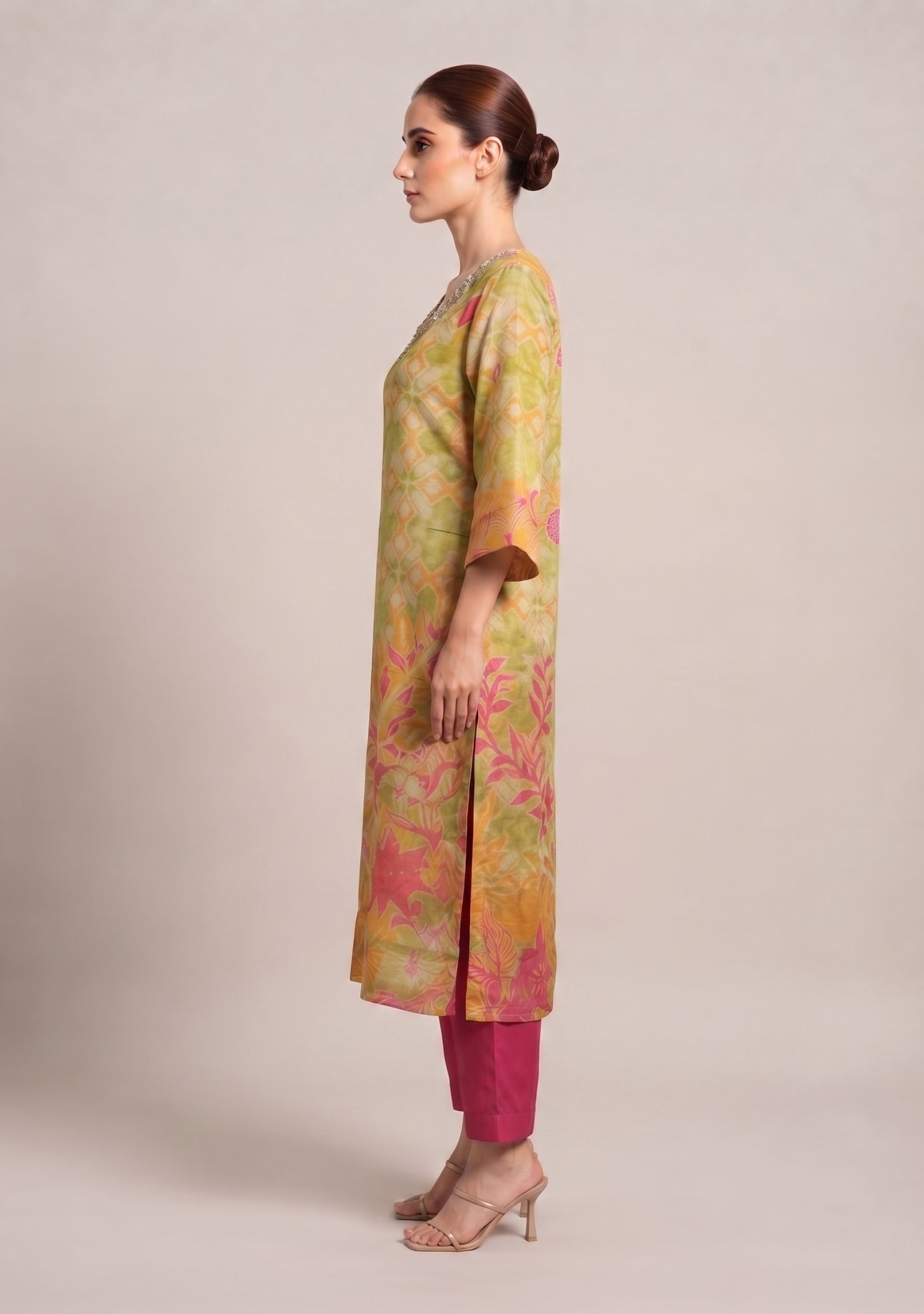 Beige Mehendi Floral Print Silk 3pc suit set