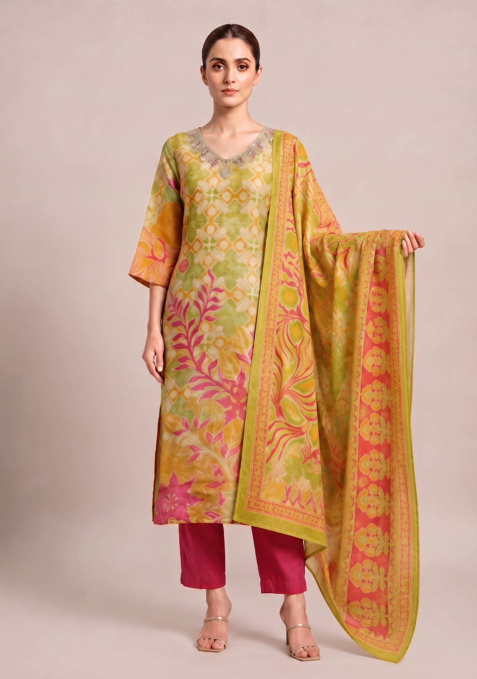 Beige Mehendi Floral Print Silk 3pc suit set