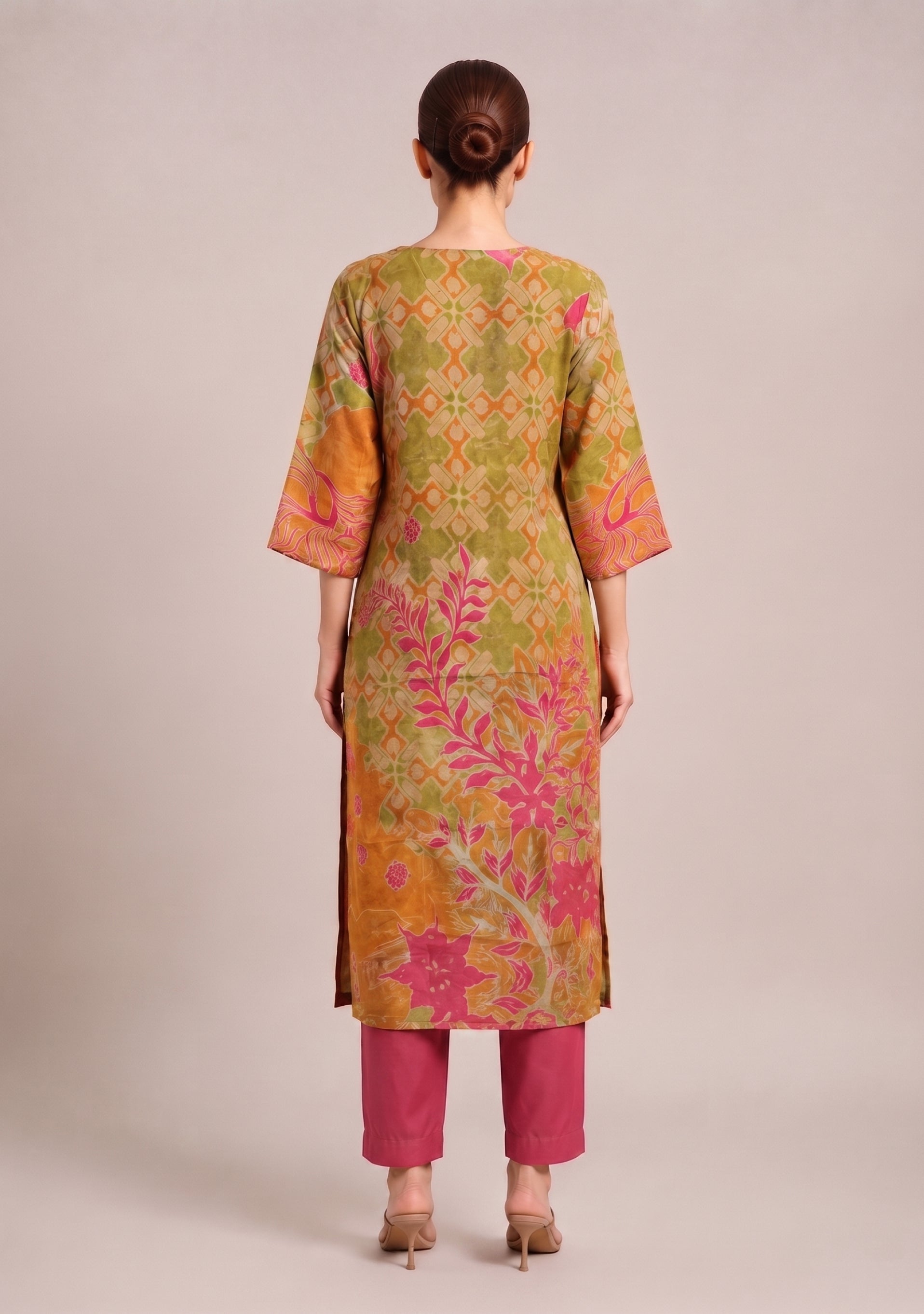 Beige Mehendi Floral Print Silk 3pc suit set