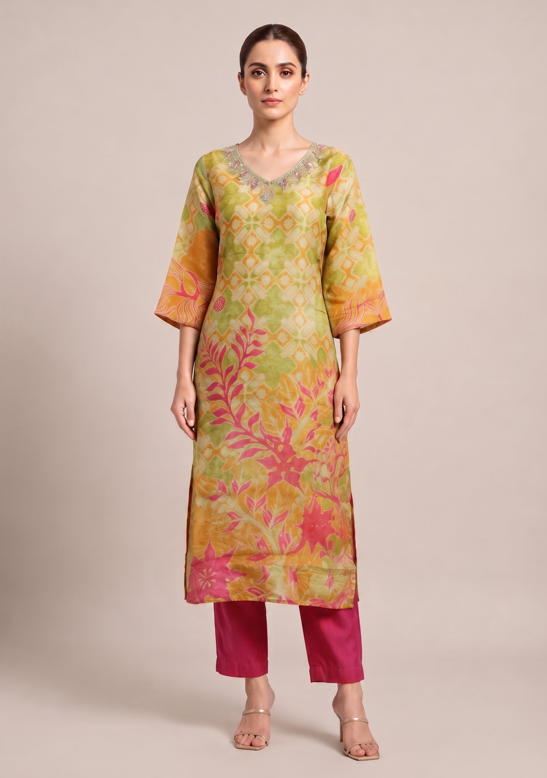 Beige Mehendi Floral Print Silk 3pc suit set