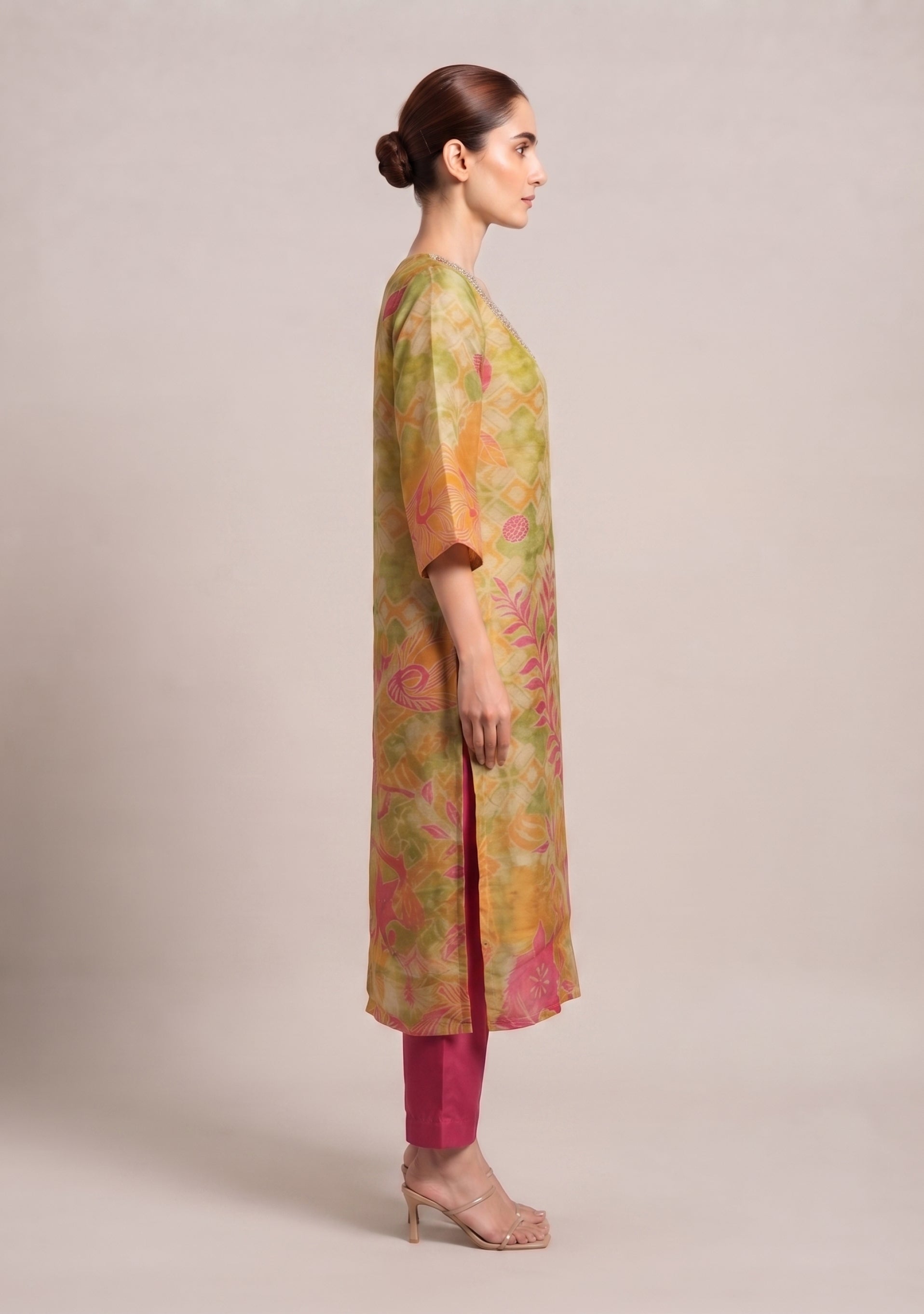 Beige Mehendi Floral Print Silk 3pc suit set
