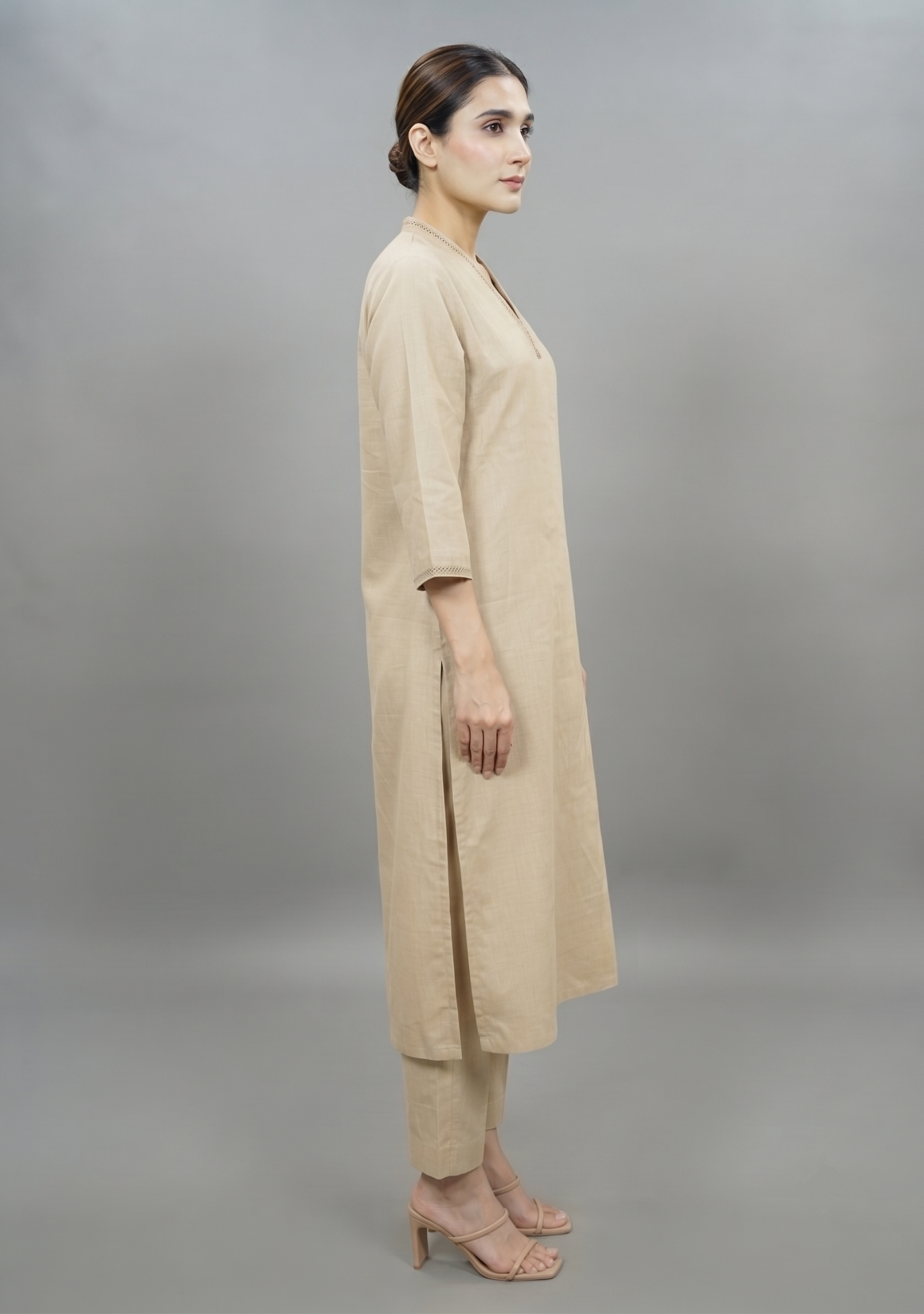 Beige Plain Khadi Handcrafted Suit Set