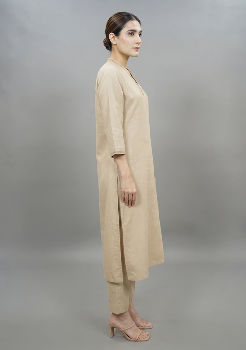 Beige Plain Khadi Handcrafted Suit Set