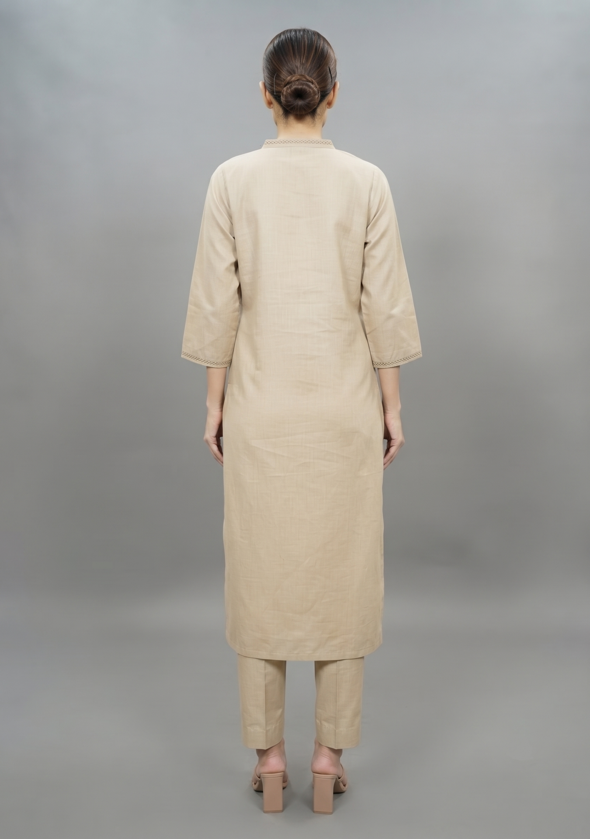 Beige Plain Khadi Handcrafted Suit Set