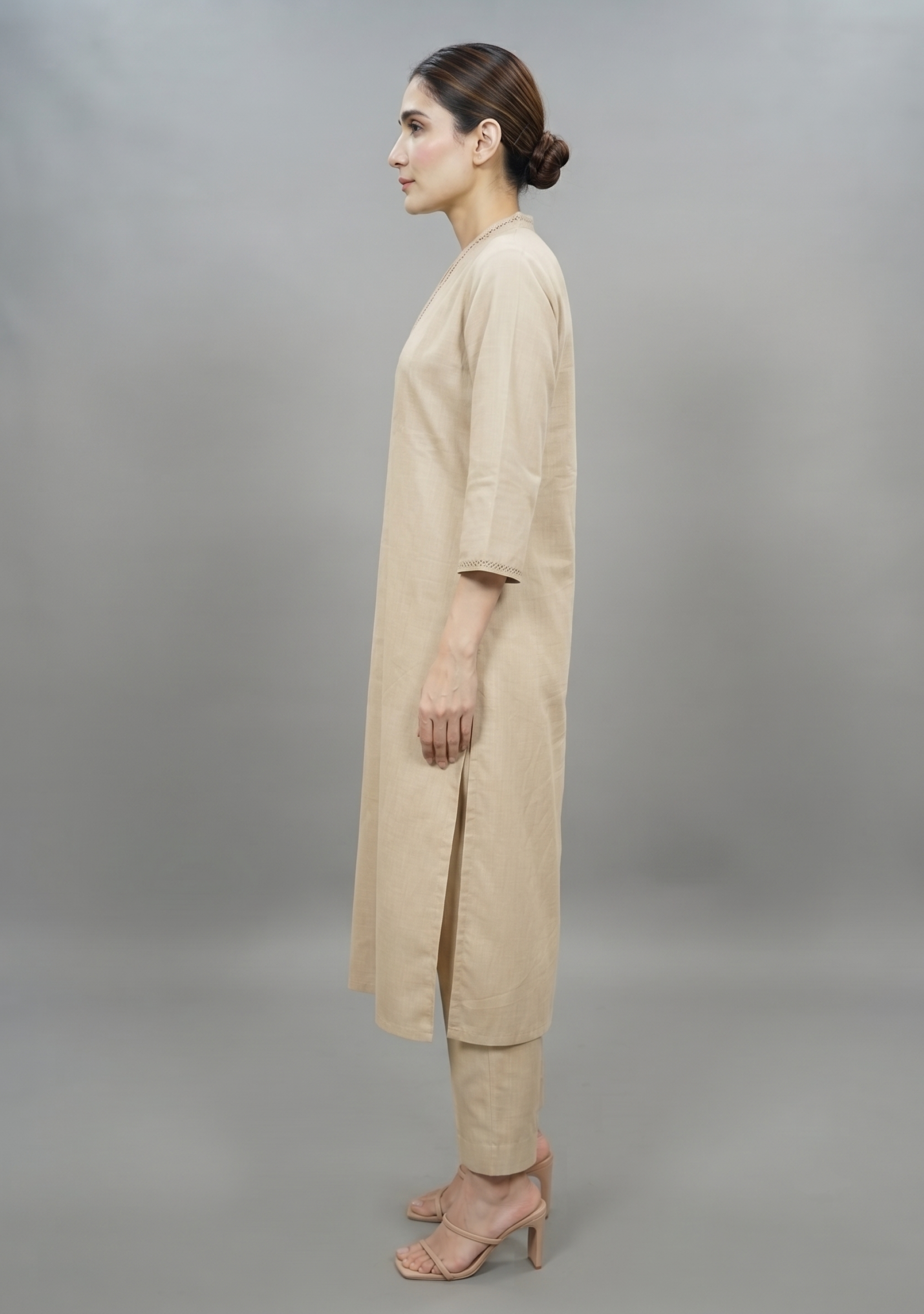 Beige Plain Khadi Handcrafted Suit Set