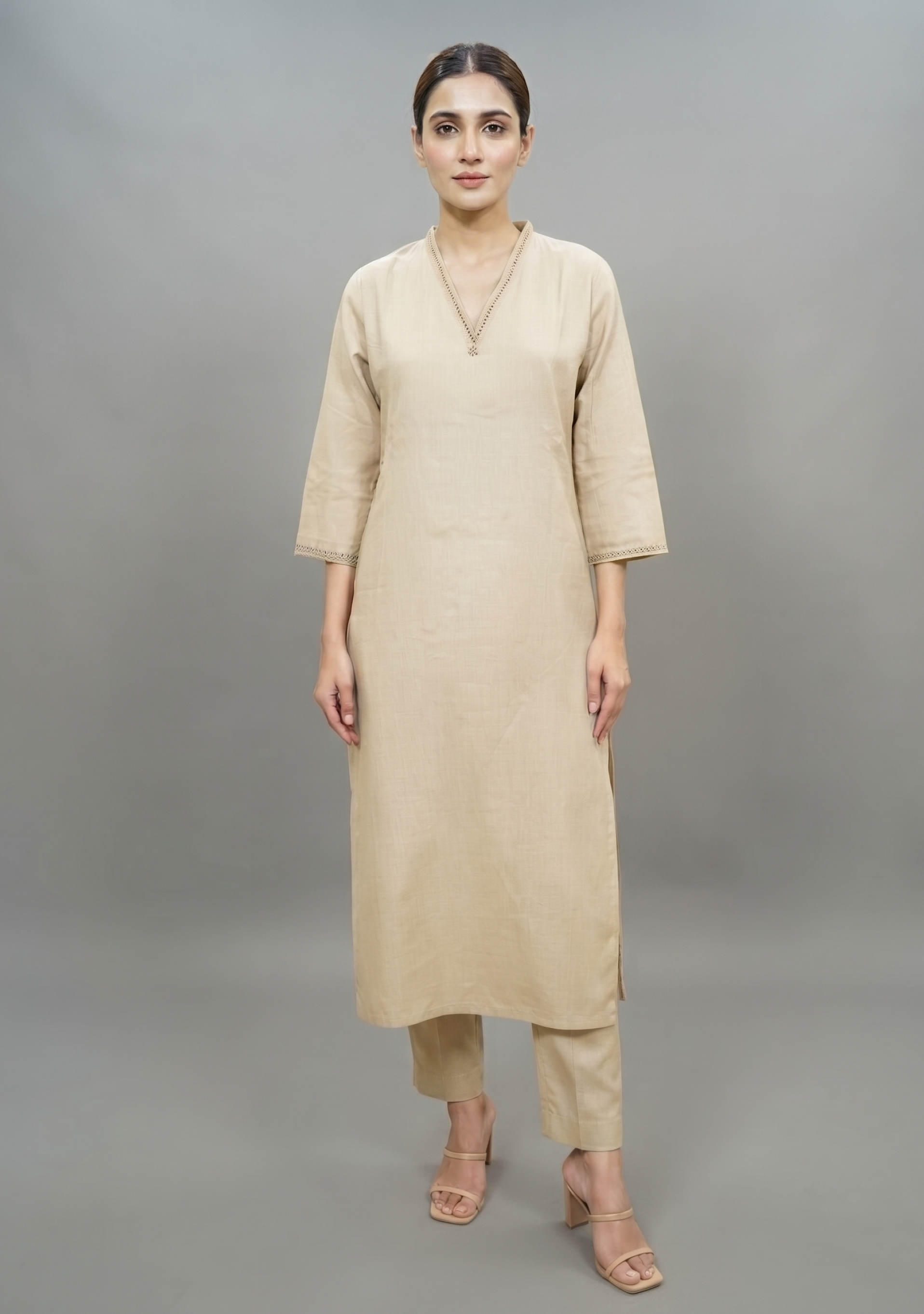 Beige Plain Khadi Handcrafted Suit Set