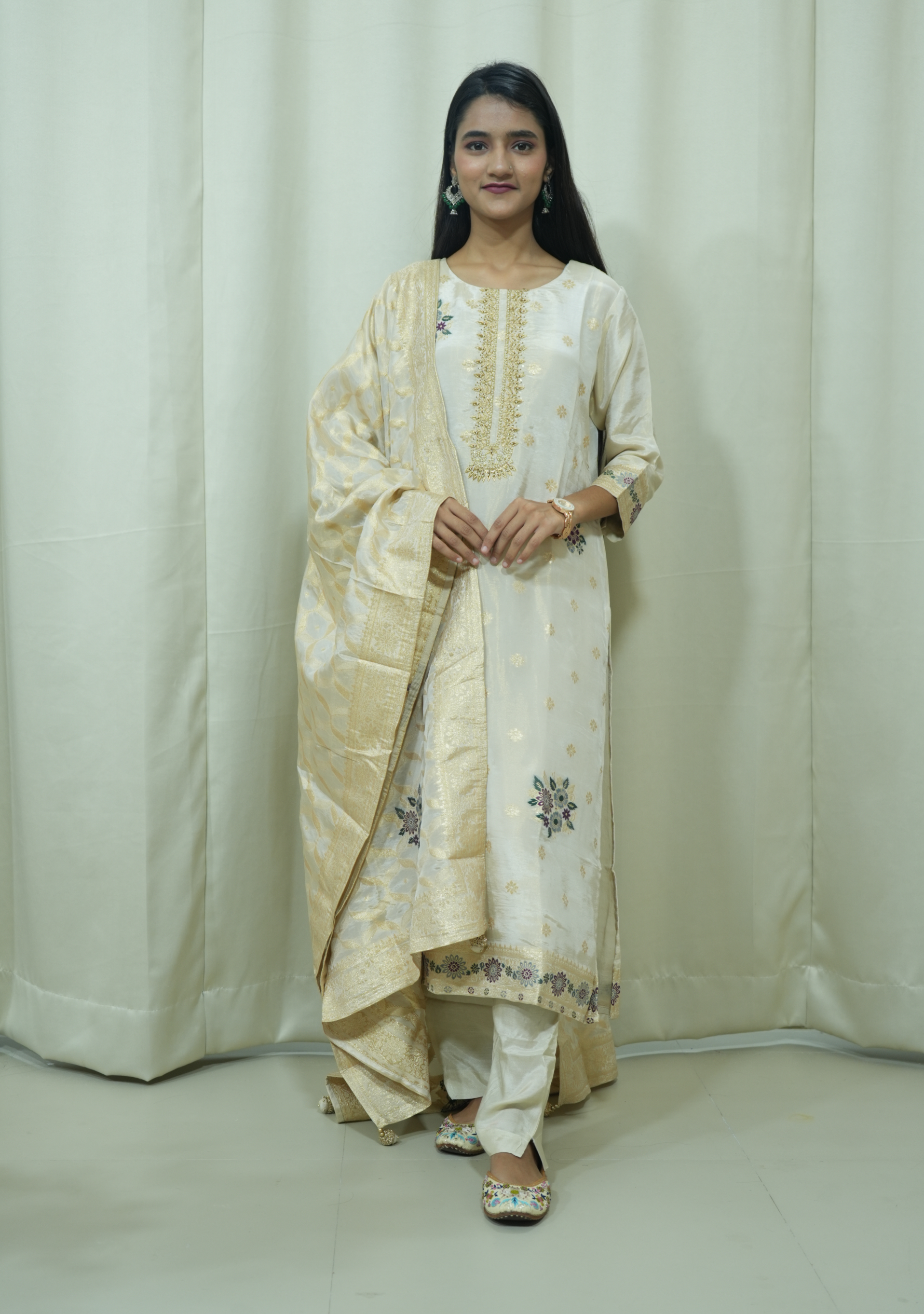 Beige Shimmer Banarasi Multi Booty Handcrafted Straight Suit