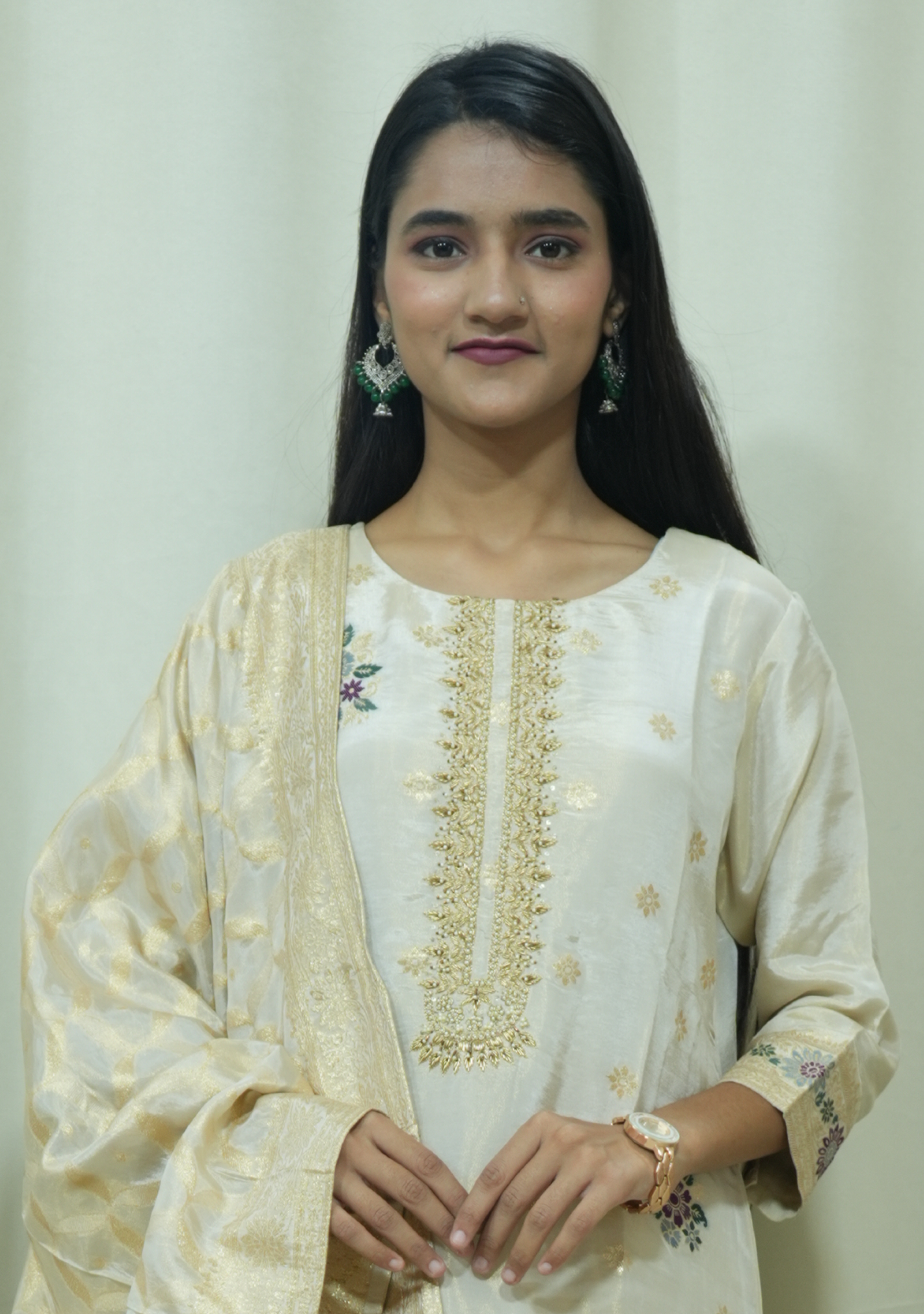 Beige Shimmer Banarasi Multi Booty Handcrafted Straight Suit