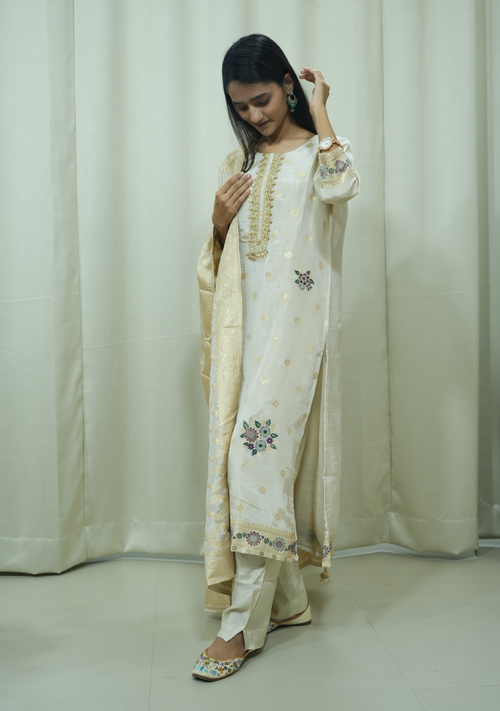 Beige Shimmer Banarasi Multi Booty Handcrafted Straight Suit