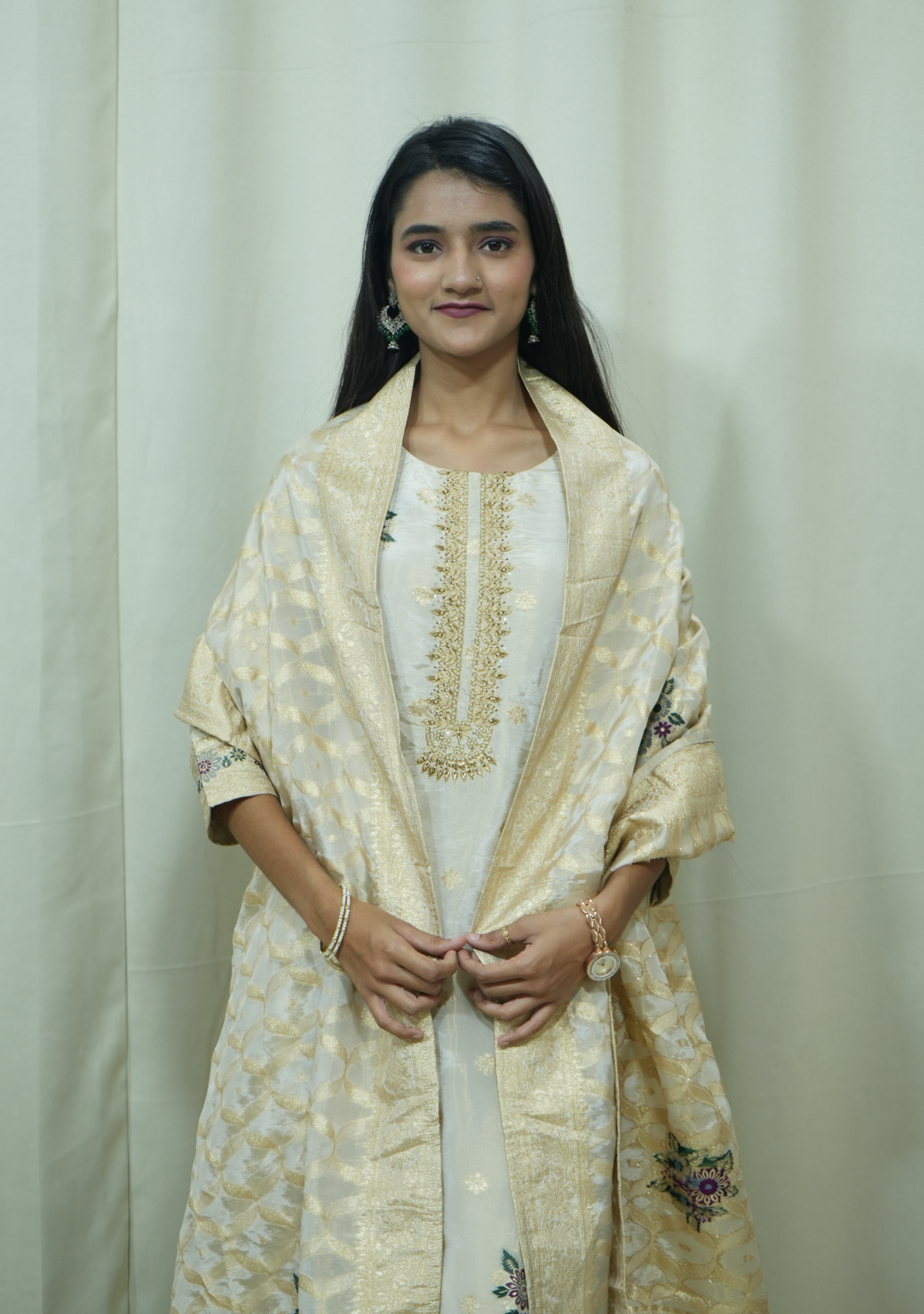 Beige Shimmer Banarasi Multi Booty Handcrafted Straight Suit