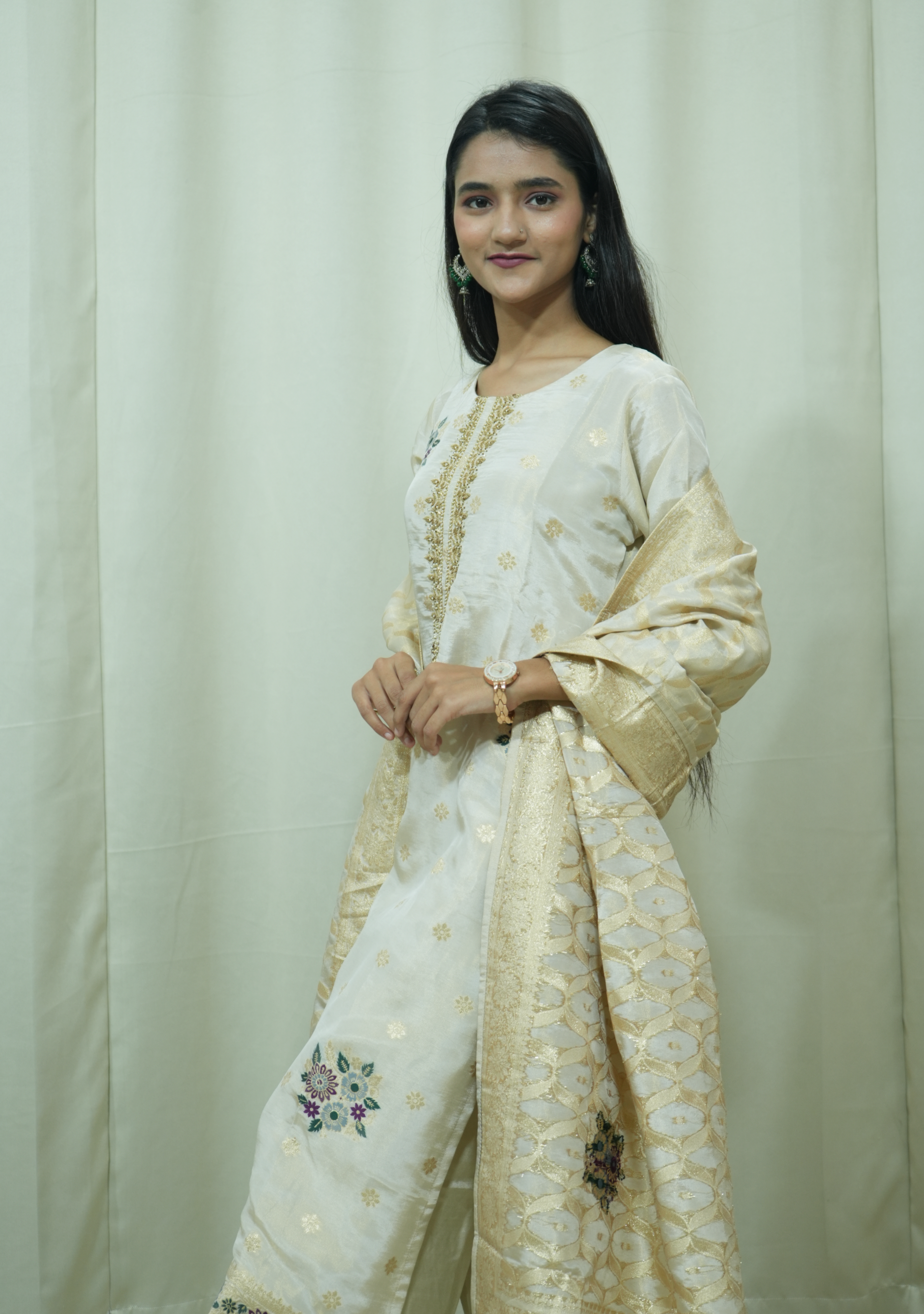 Beige Shimmer Banarasi Multi Booty Handcrafted Straight Suit