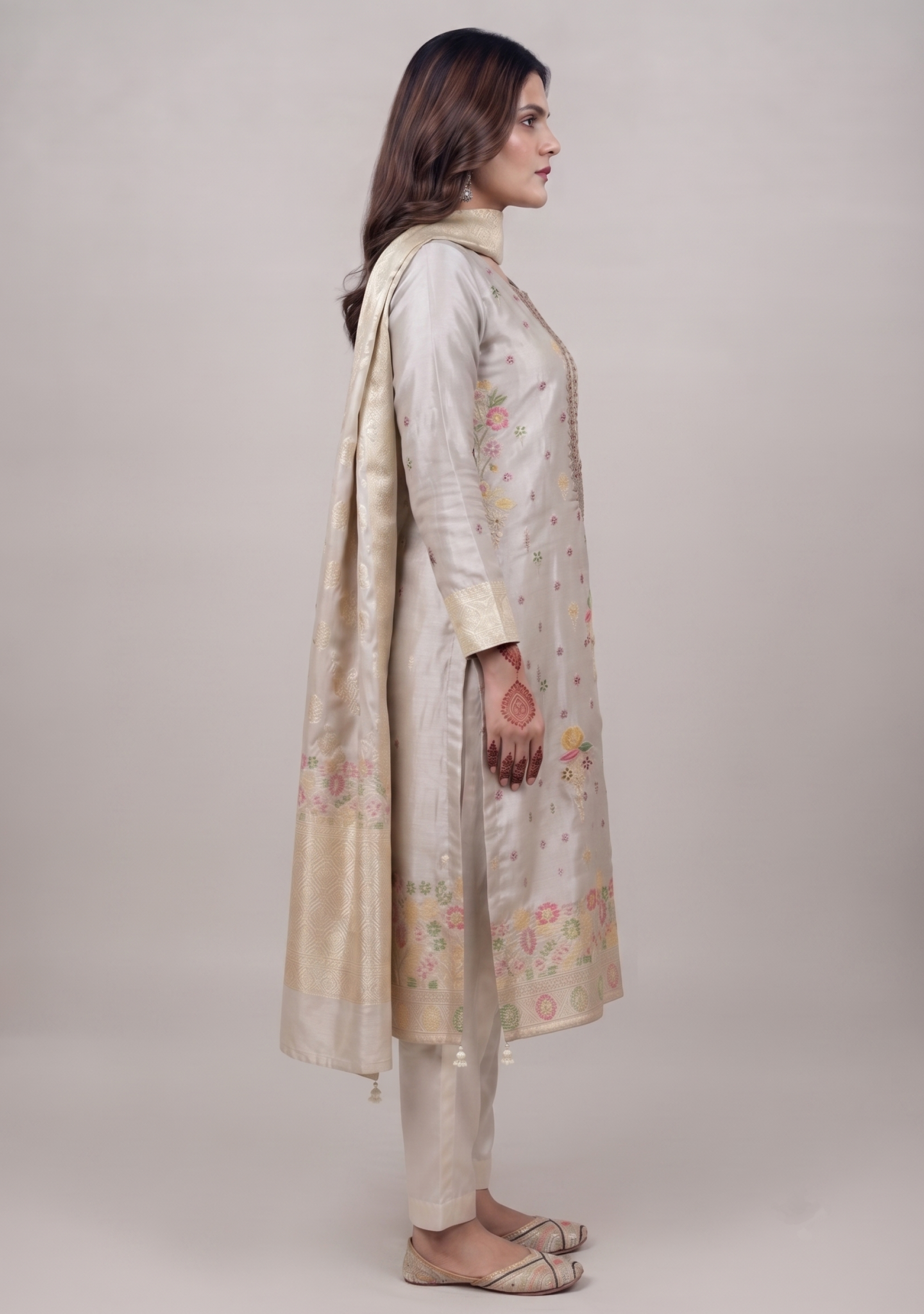 Beige Shimmer Gotapatti Multi Booty Handcrafted Straight Suit
