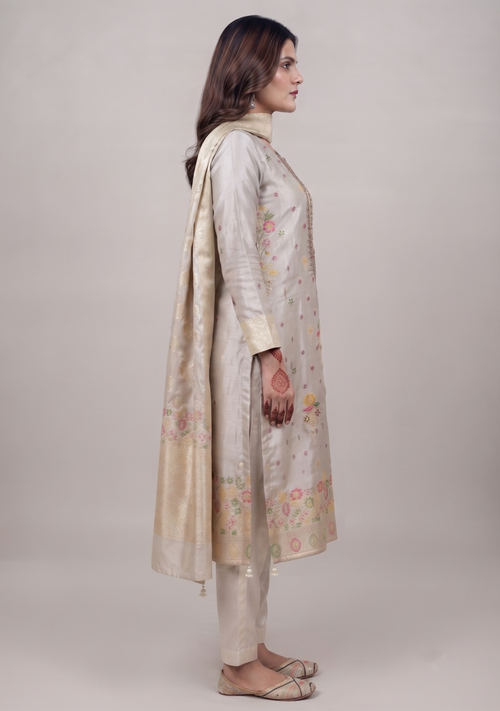 Beige Shimmer Gotapatti Multi Booty Handcrafted Straight Suit