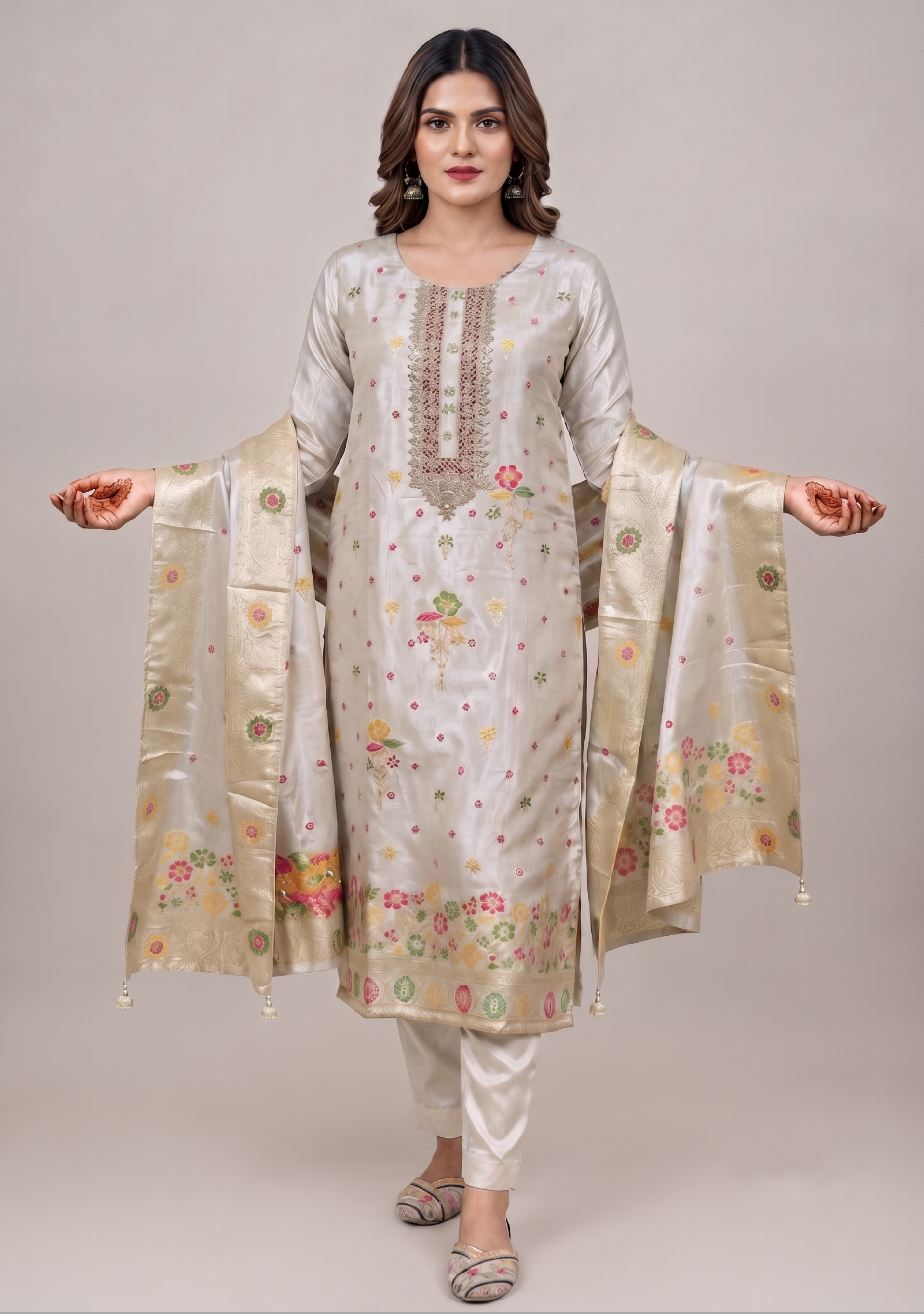 Beige Shimmer Gotapatti Multi Booty Handcrafted Straight Suit