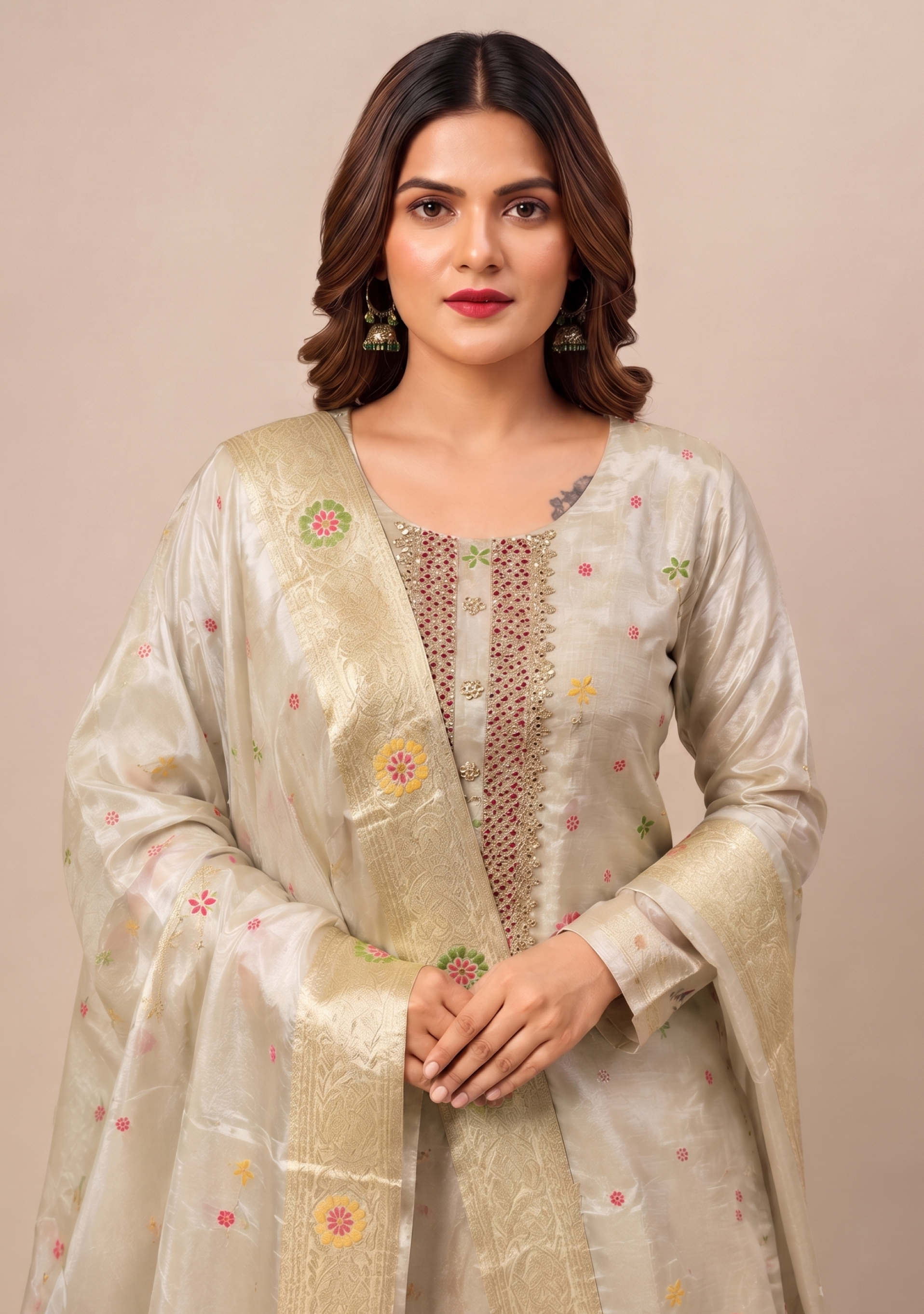Beige Shimmer Gotapatti Multi Booty Handcrafted Straight Suit