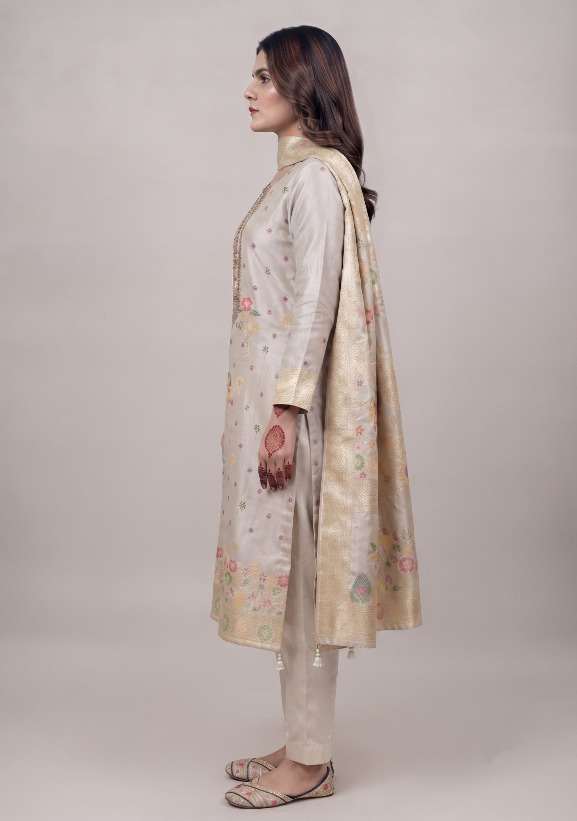 Beige Shimmer Gotapatti Multi Booty Handcrafted Straight Suit