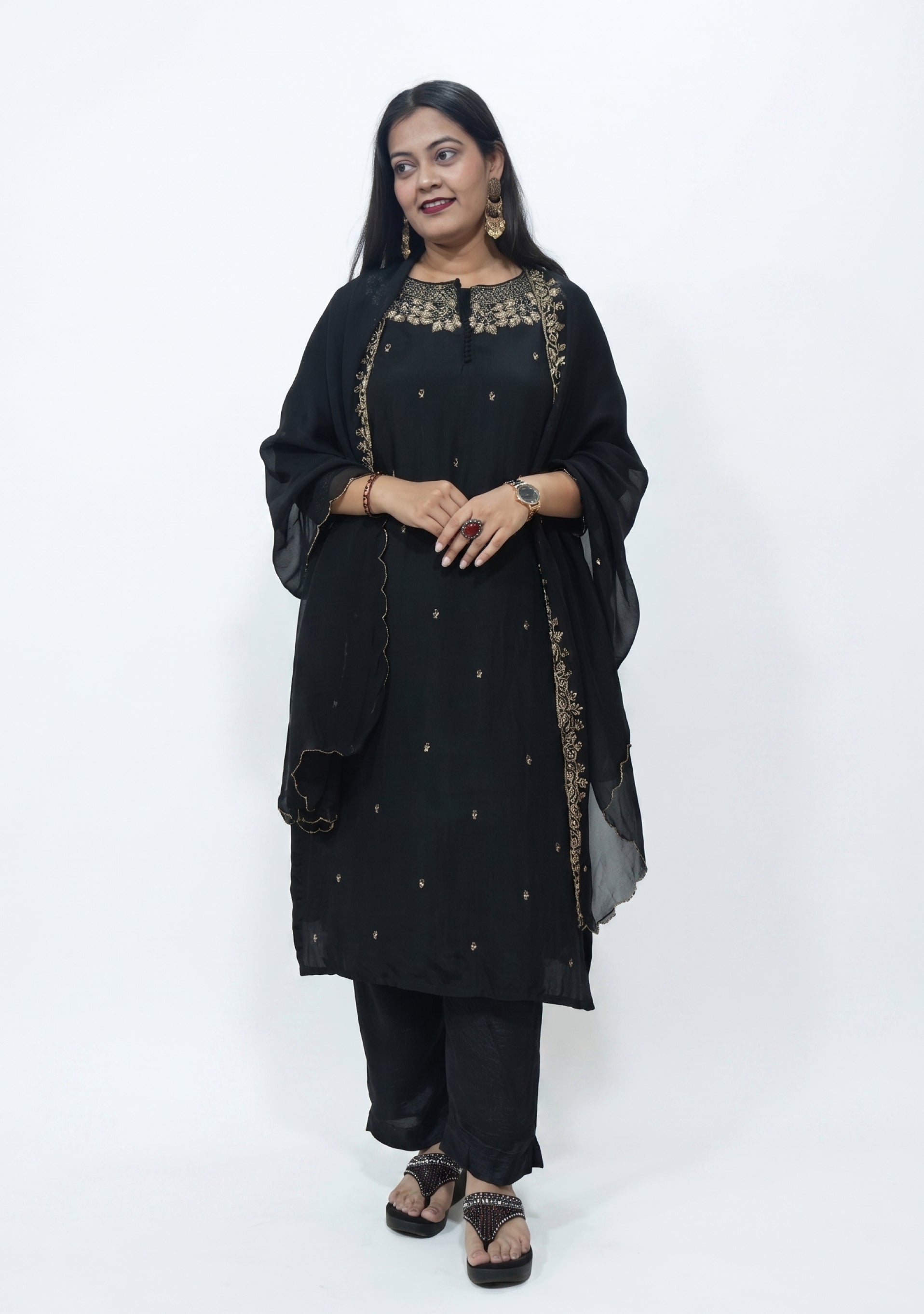 Black Art Silk Handcrafted 3pc Suit Set