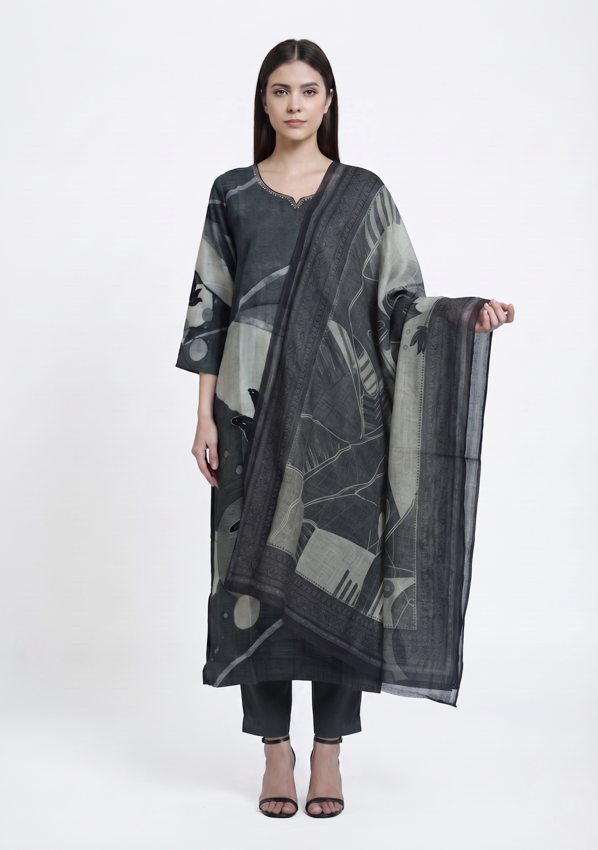 Black Grey Art Silk Handcrafted 3pc Suit Set