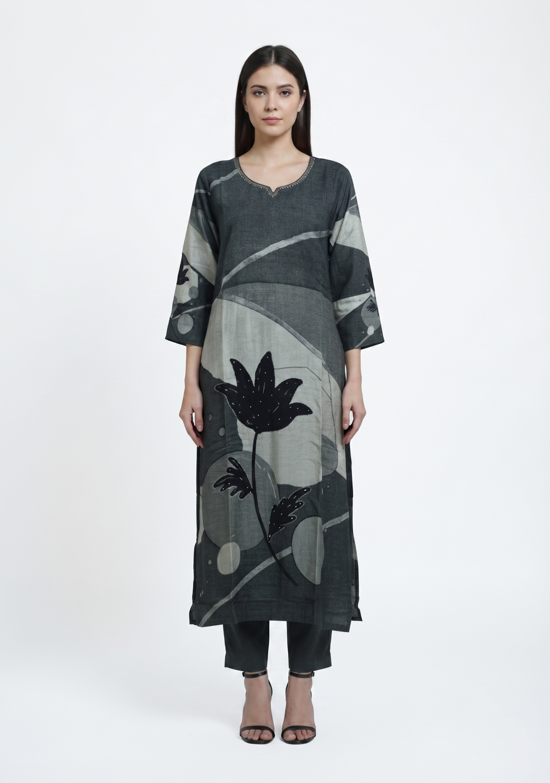 Black Grey Art Silk Handcrafted 3pc Suit Set