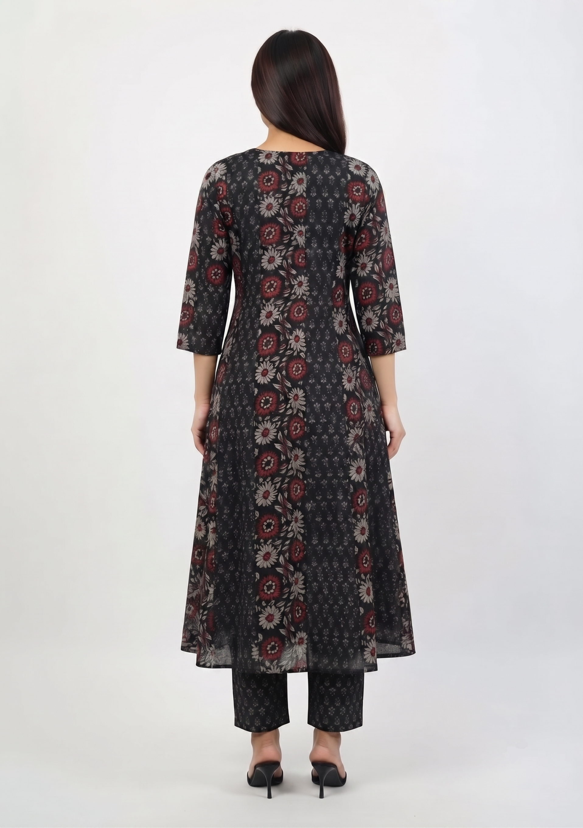 Black Printed Cotton Embroidered Anarkali 3pc Suit Set