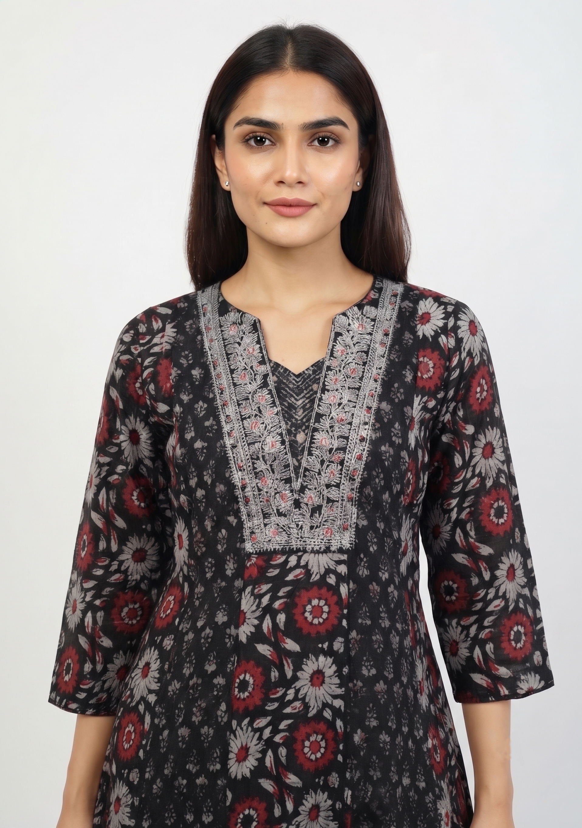 Black Printed Cotton Embroidered Anarkali 3pc Suit Set