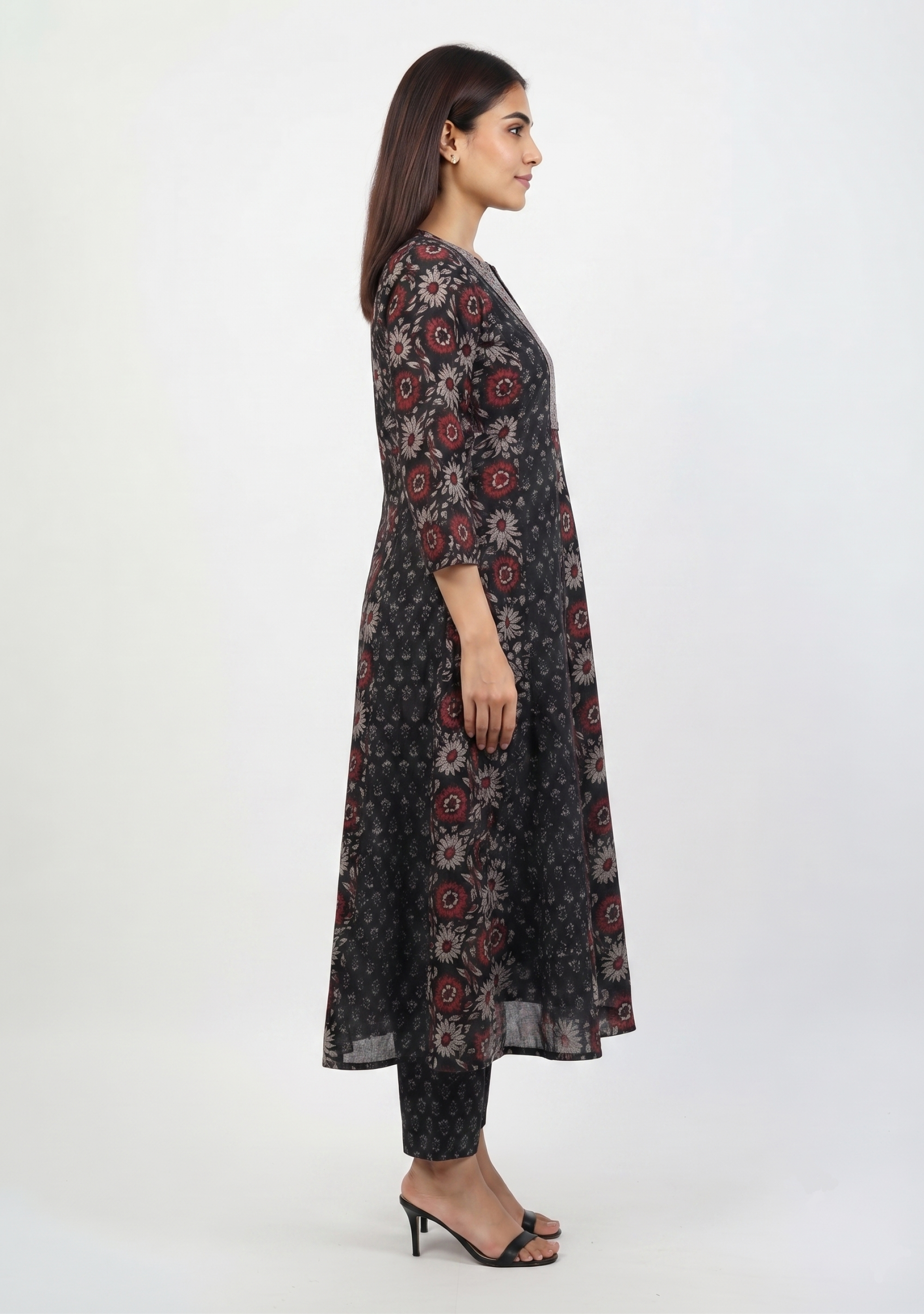 Black Printed Cotton Embroidered Anarkali 3pc Suit Set