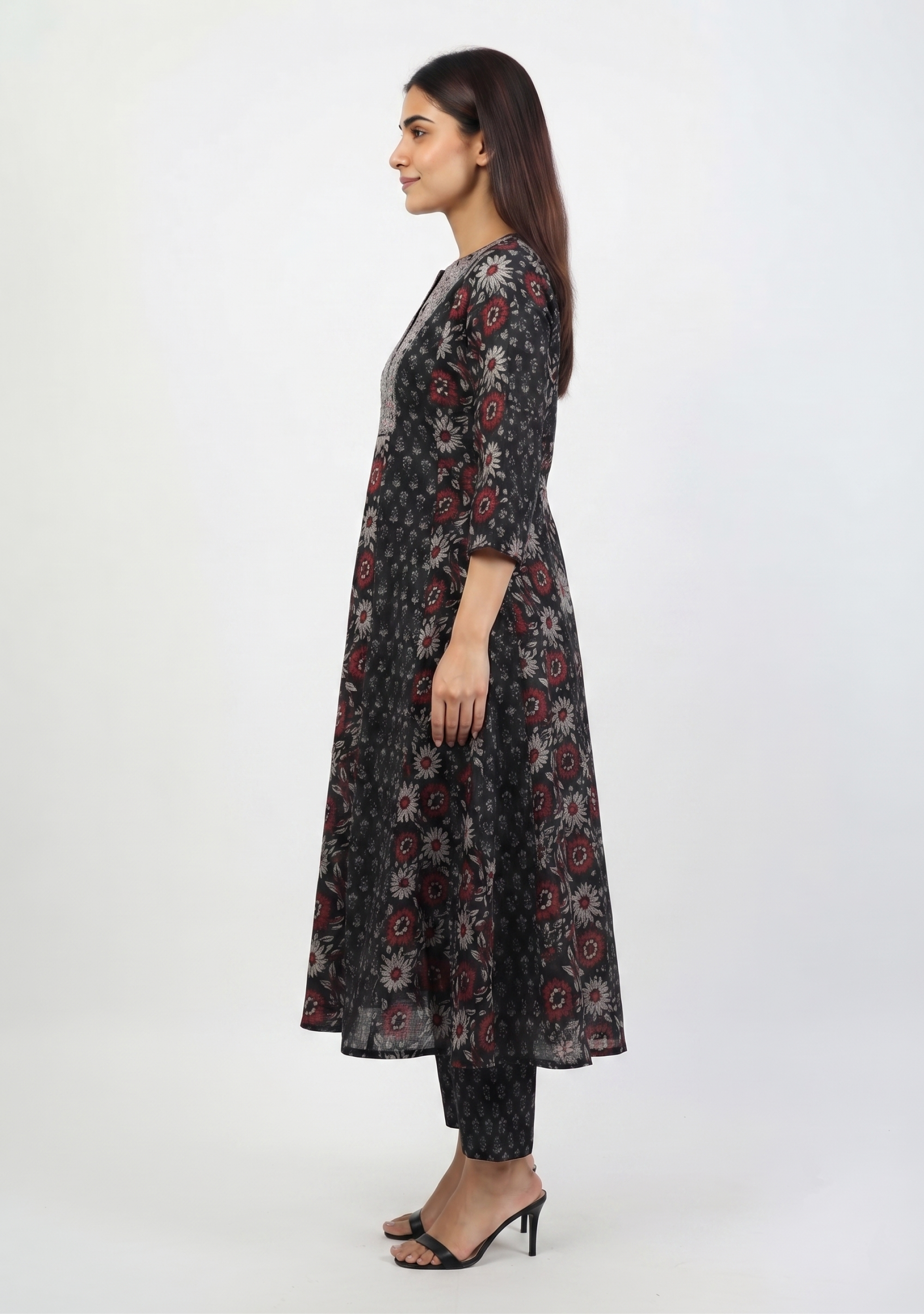 Black Printed Cotton Embroidered Anarkali 3pc Suit Set