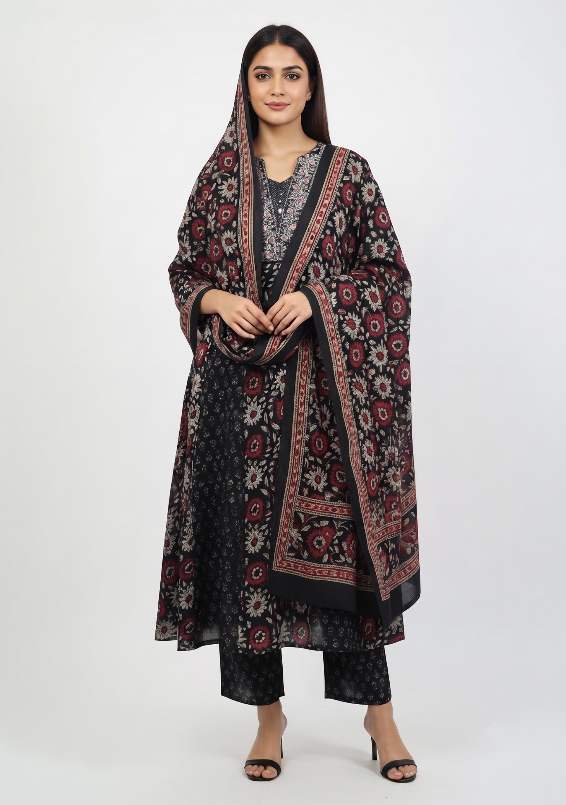 Black Printed Cotton Embroidered Anarkali 3pc Suit Set