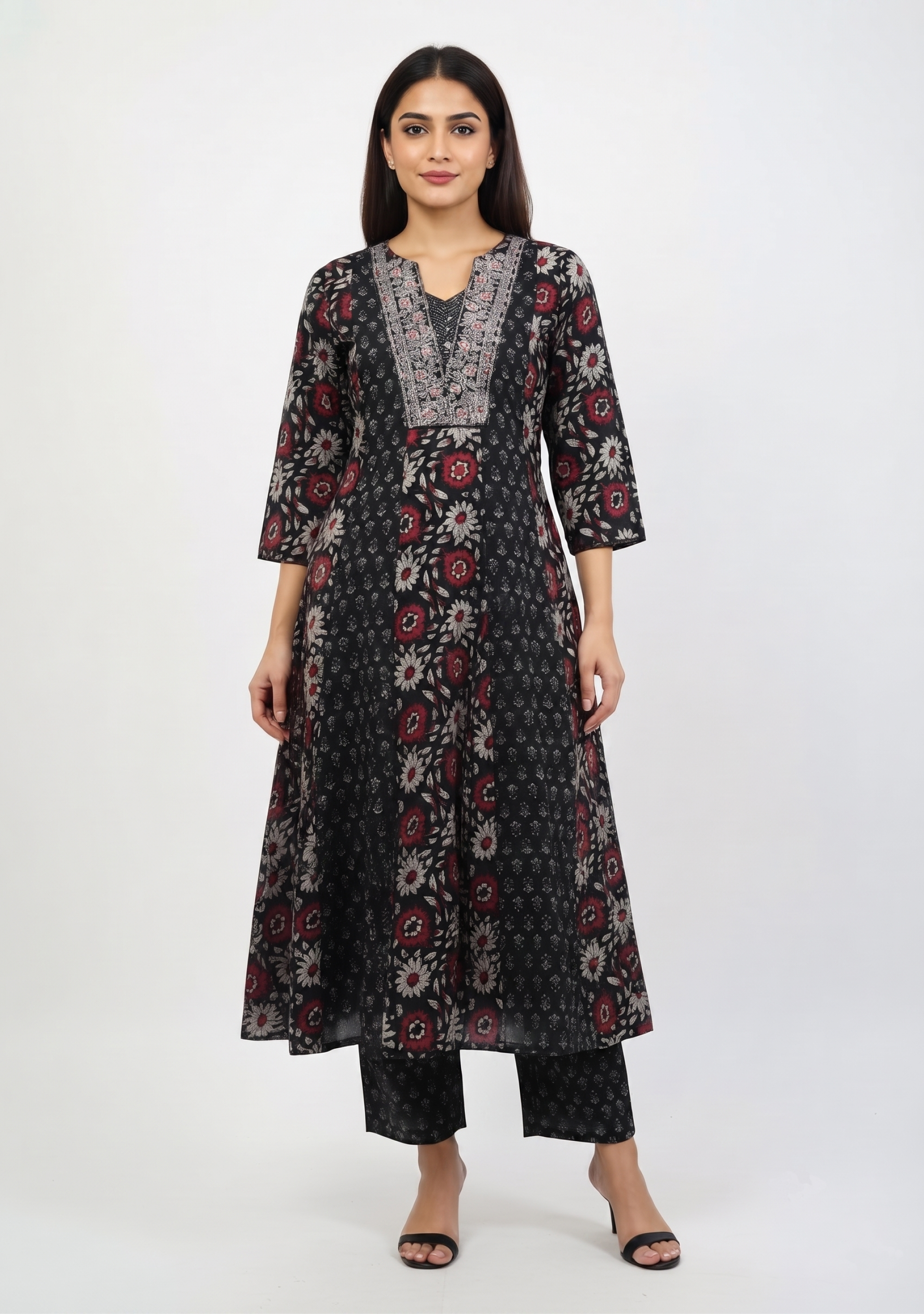 Black Printed Cotton Embroidered Anarkali 3pc Suit Set