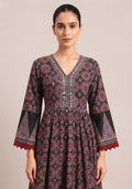 Black Red Printed Cotton Embroidered Anarkali 3pc Suit Set