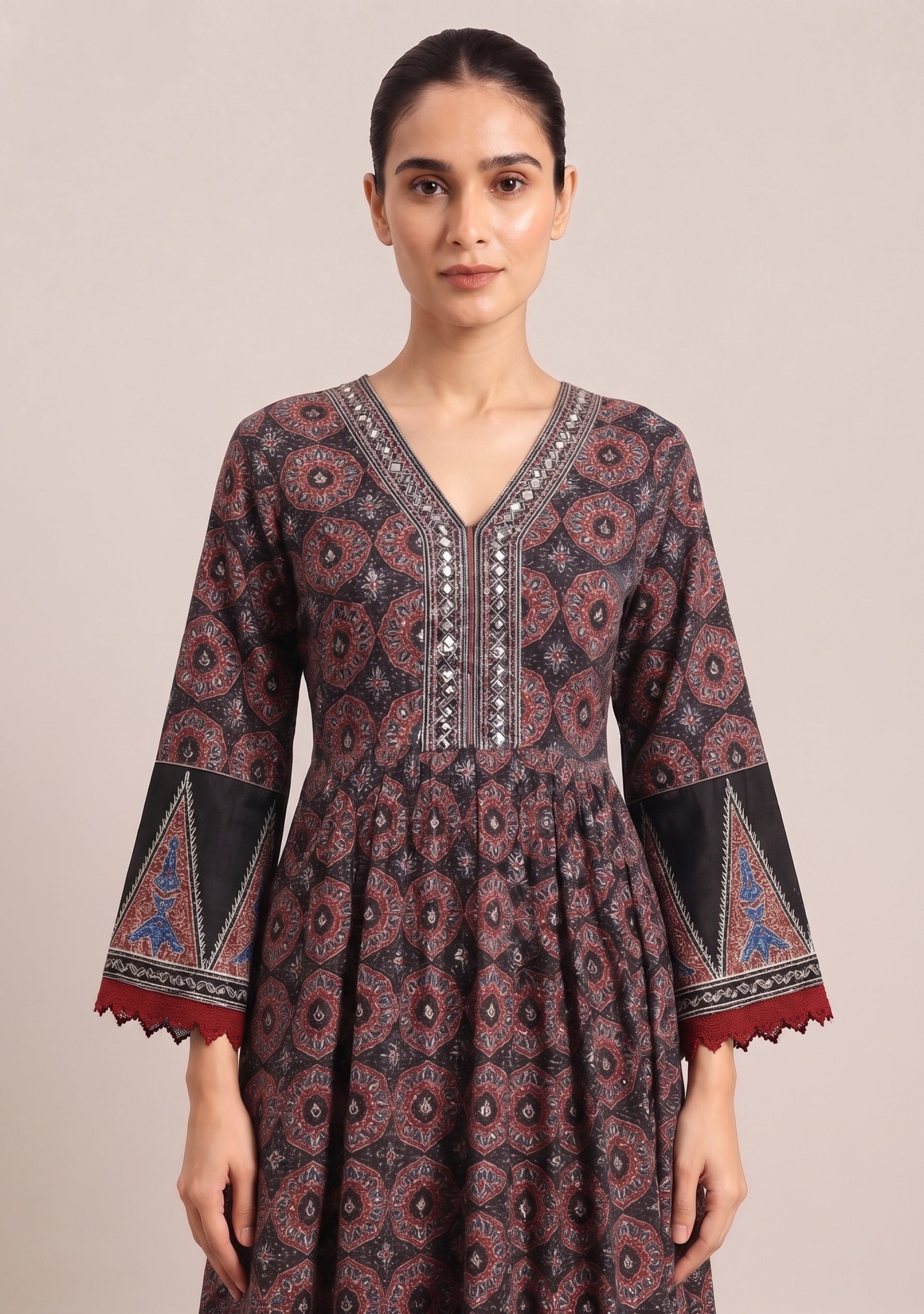 Black Red Printed Cotton Embroidered Anarkali 3pc Suit Set